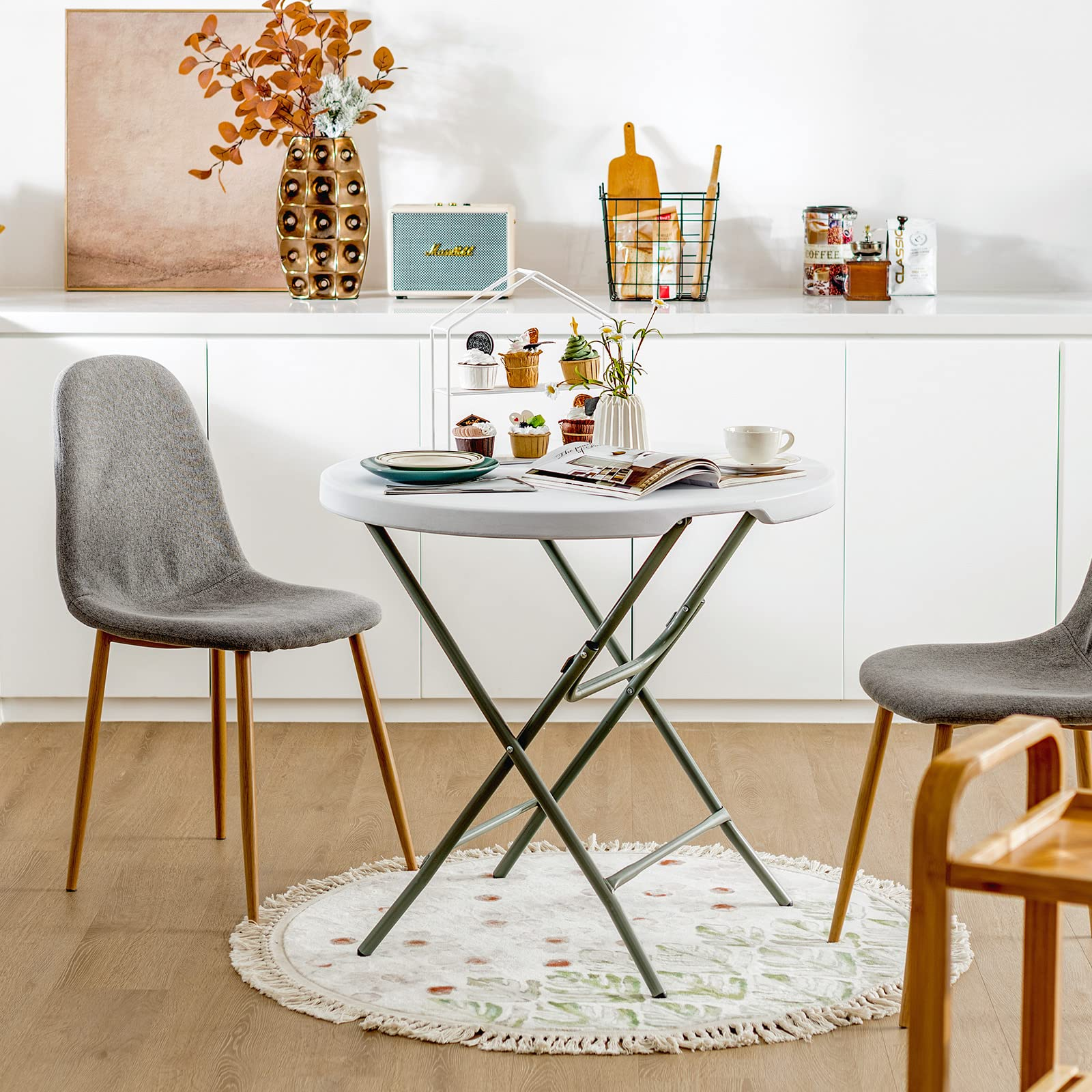 Giantex 32 Inches Round Folding Table, Portable Plastic Card Table with Thickened HDPE Tabletop and Sturdy Metal Frame, White