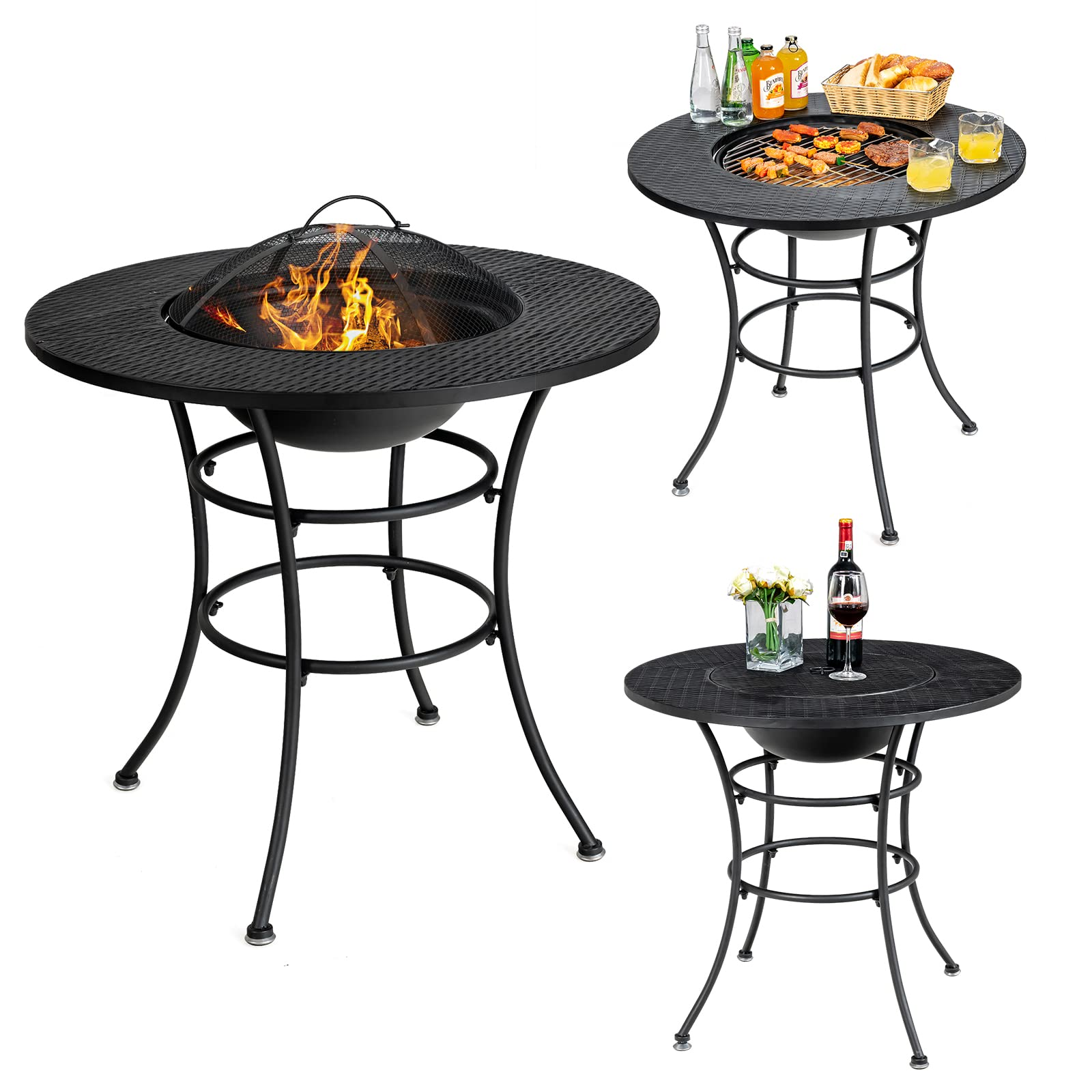 Giantex Fire Pit for Outside 32 Inch, 4-In-1 Multifunctional Dining Table for Camping,Metal Round Small Outdoor Fire Pits