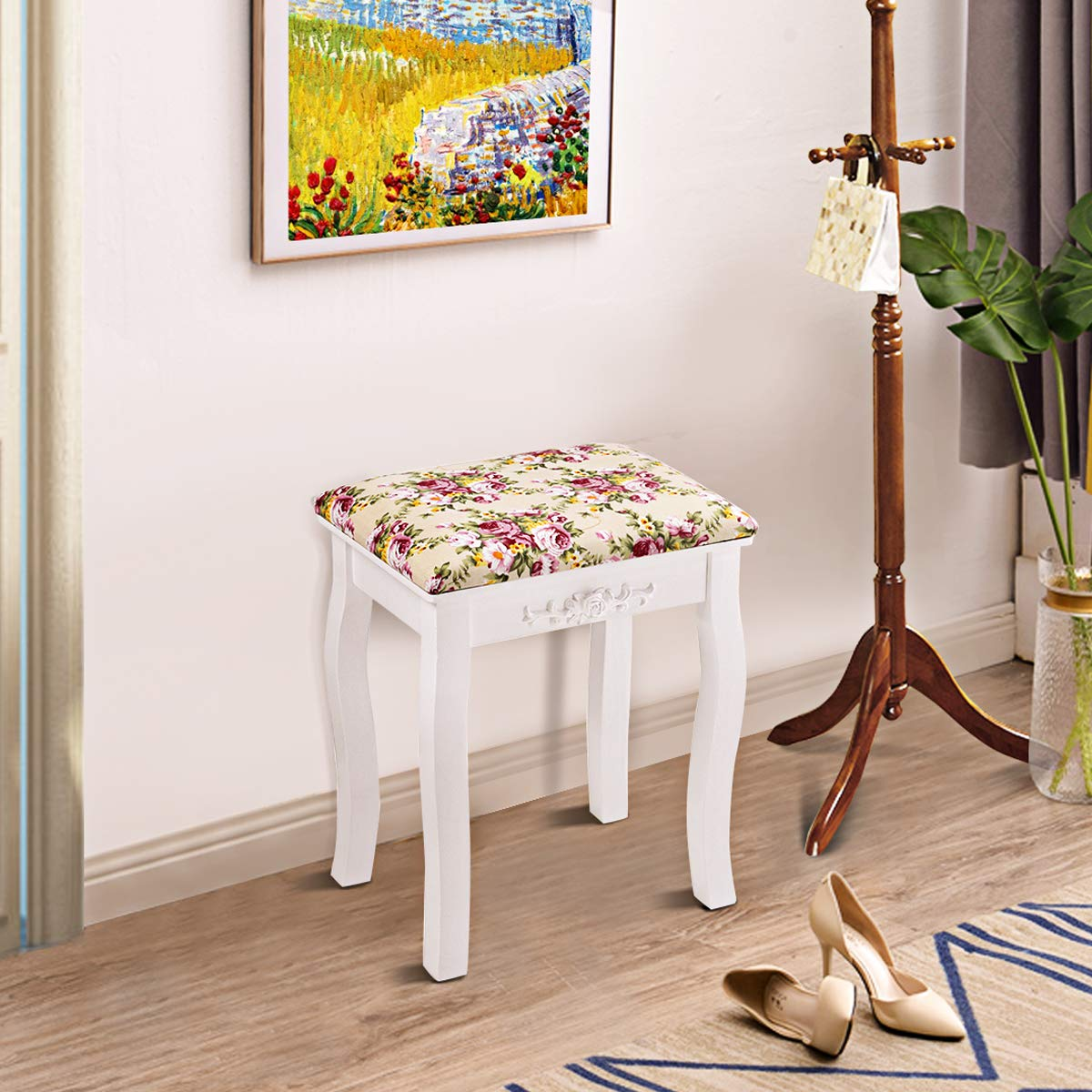 Vanity Stool Wood Dressing Padded Chair (White)