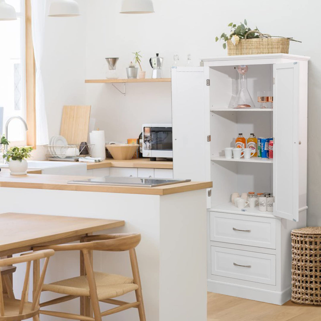 Giantex Kitchen Pantry Cabinet - 62” Floor Storage Cabinet with 2 Large Drawers(White)