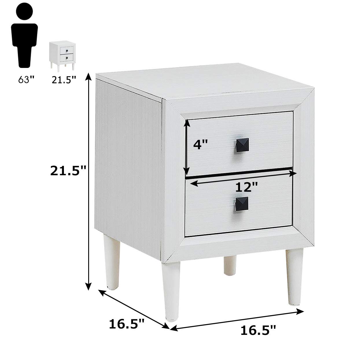 Nightstand Wooden W/Two Storage Drawers and Handles