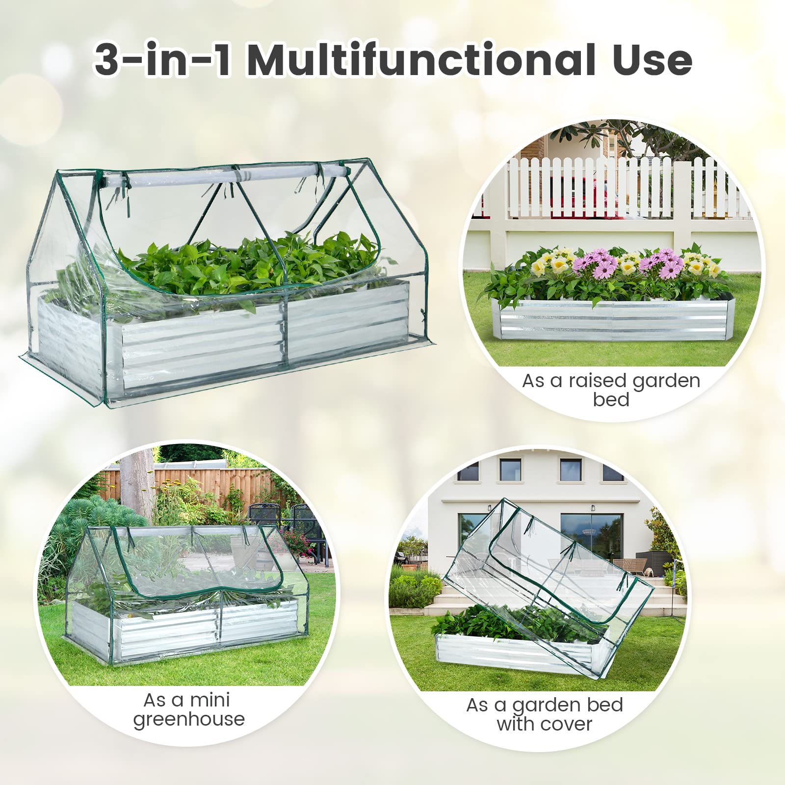 Giantex Galvanized Steel Raised Garden Bed with Mini Greenhouse, Outdoor Metal Planter Box Kit with Large Roll-up PVC Cover