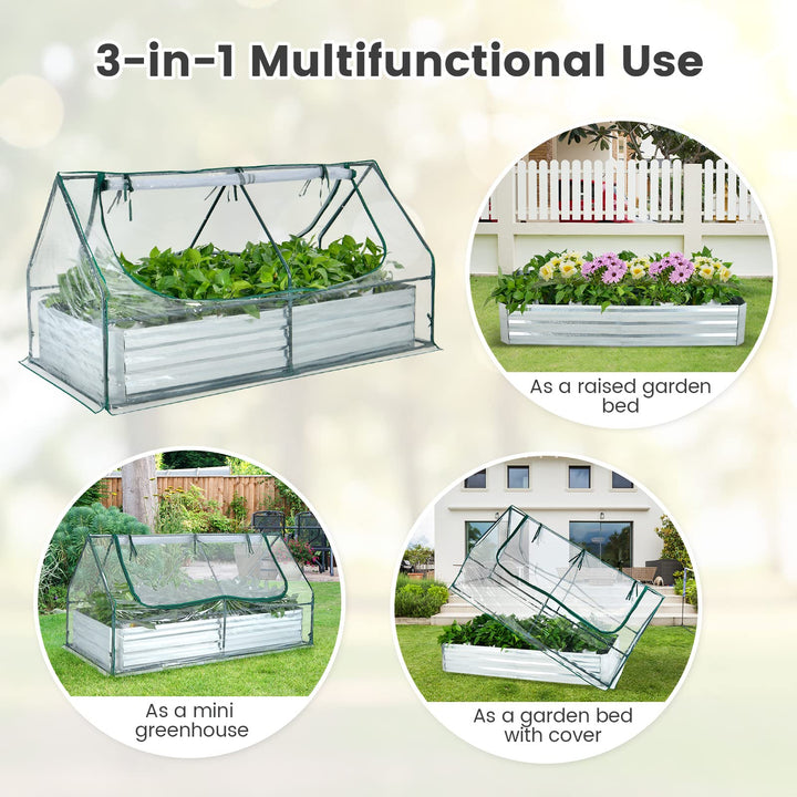 Giantex Galvanized Steel Raised Garden Bed with Mini Greenhouse, Outdoor Metal Planter Box Kit with Large Roll-up PVC Cover