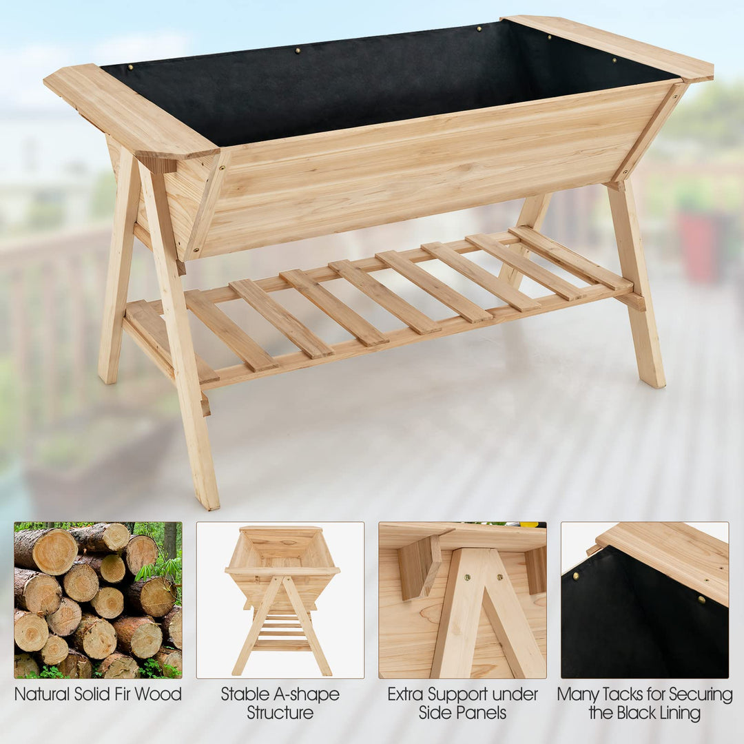 Giantex Plant Raised Bed 2 Tiers Garden Bed, Outdoor Fir Wood Plant Container with Storage Shelf