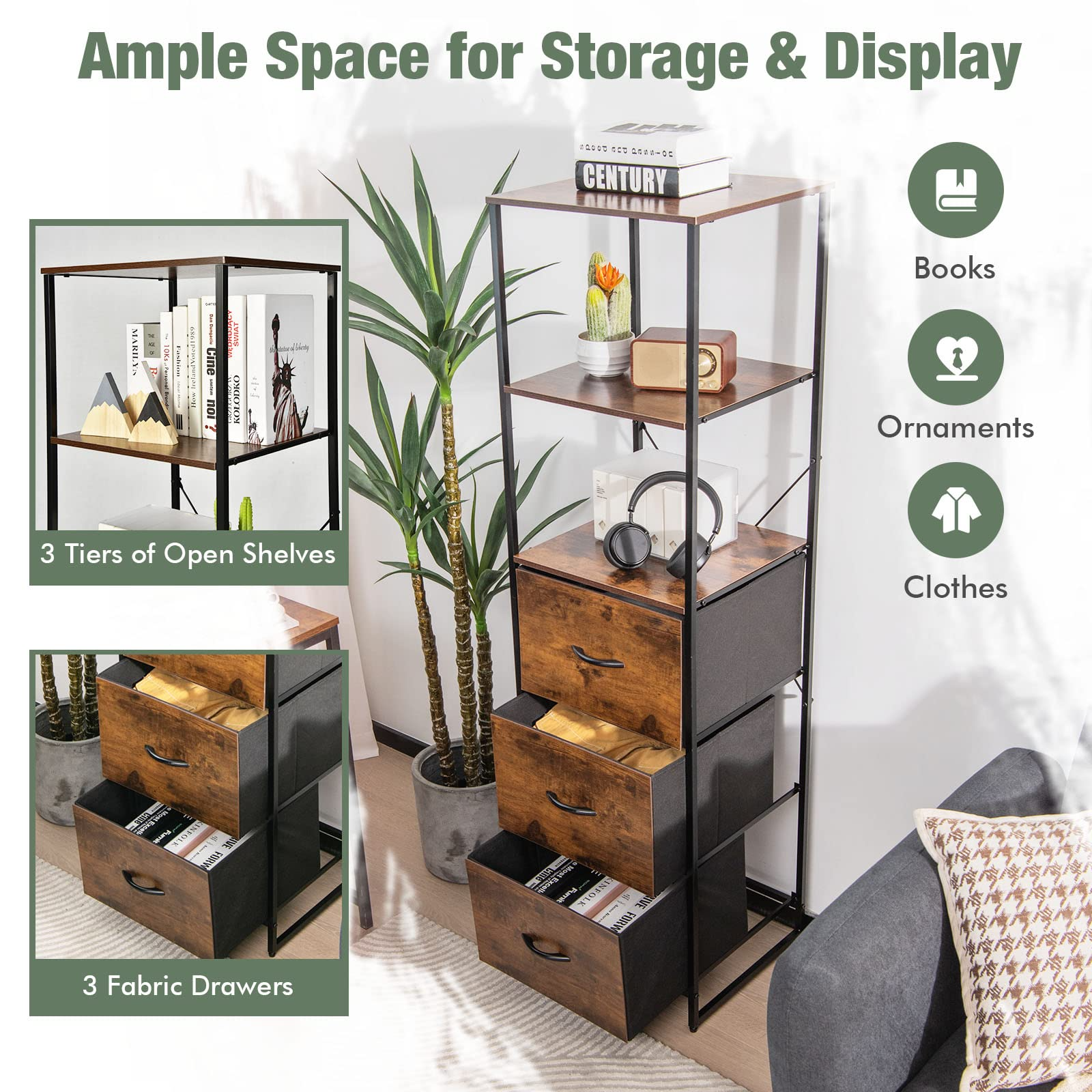 6 Tier Storage Cabinet, 61.5" Tall Storage Rack Storage Bookshelf w/Folding Drawers