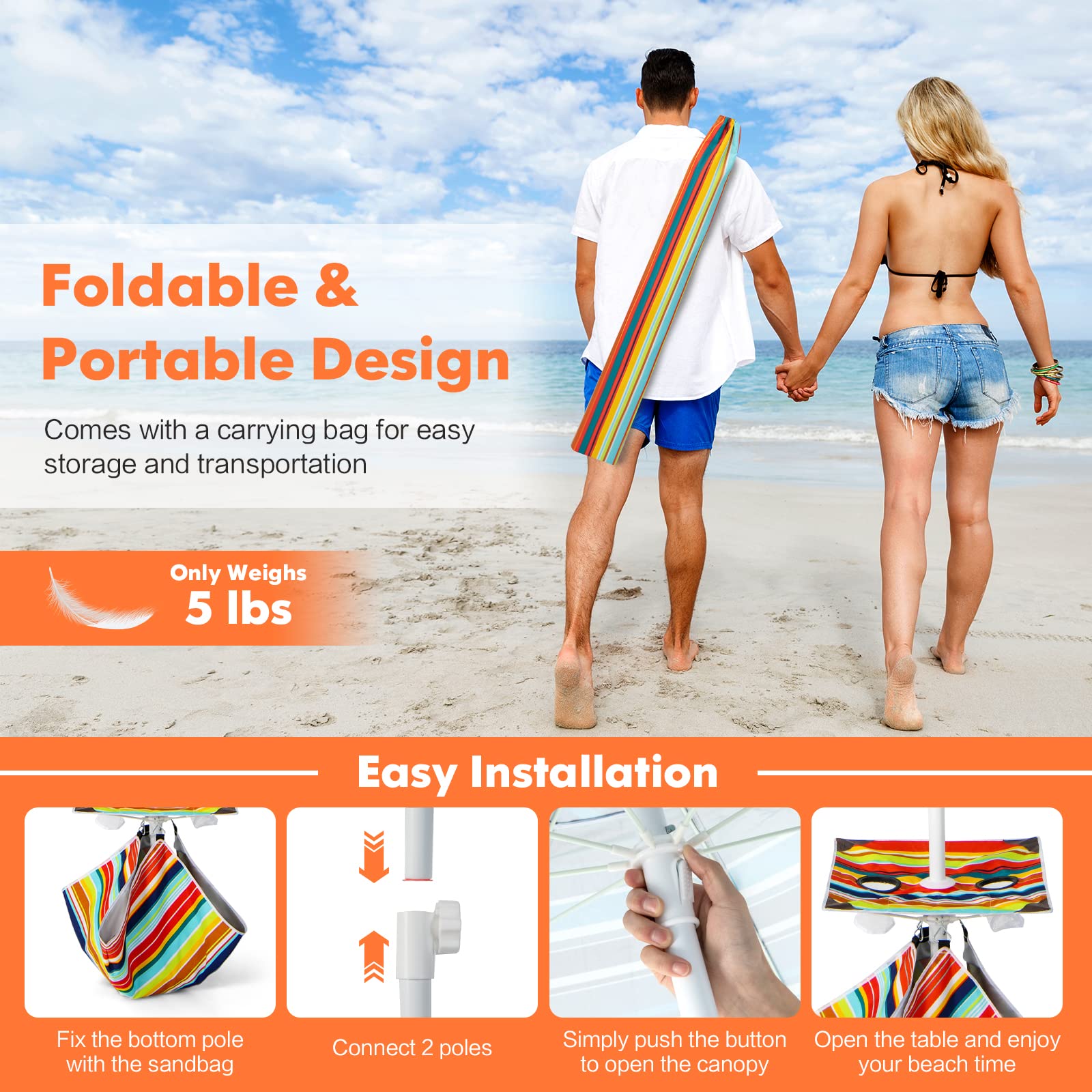 Giantex Beach Umbrella with Cup Holder Table and Sandbag