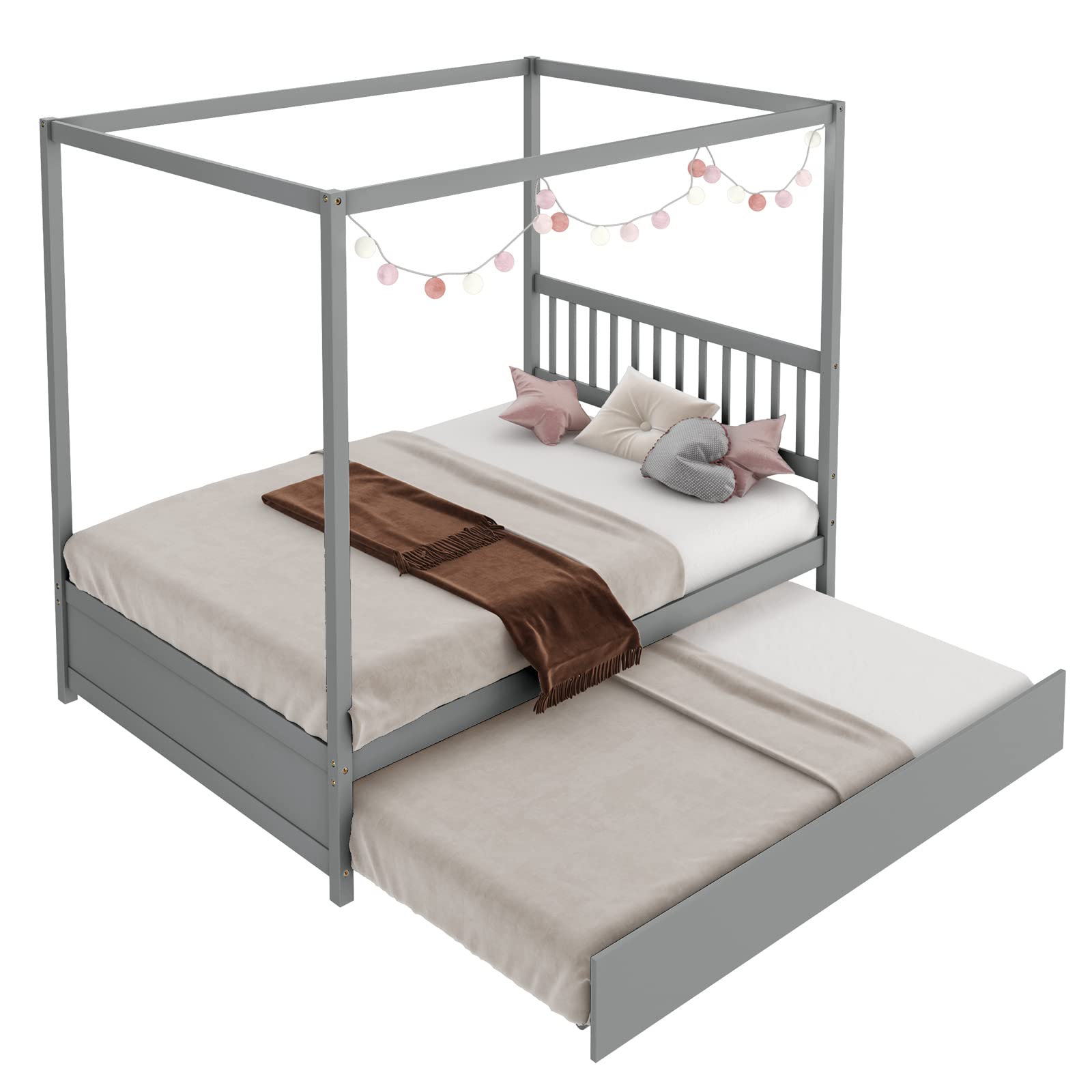 Giantex Canopy Bed w/ Trundle, Full Size Kids Solid Wood Platform Bed Frame