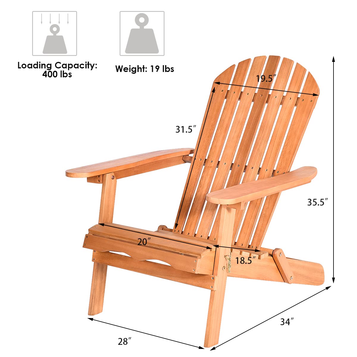 Giantex Adirondack Chair Wooden and Foldable Outdoor Lounger Chair 34"X28"X35.5"