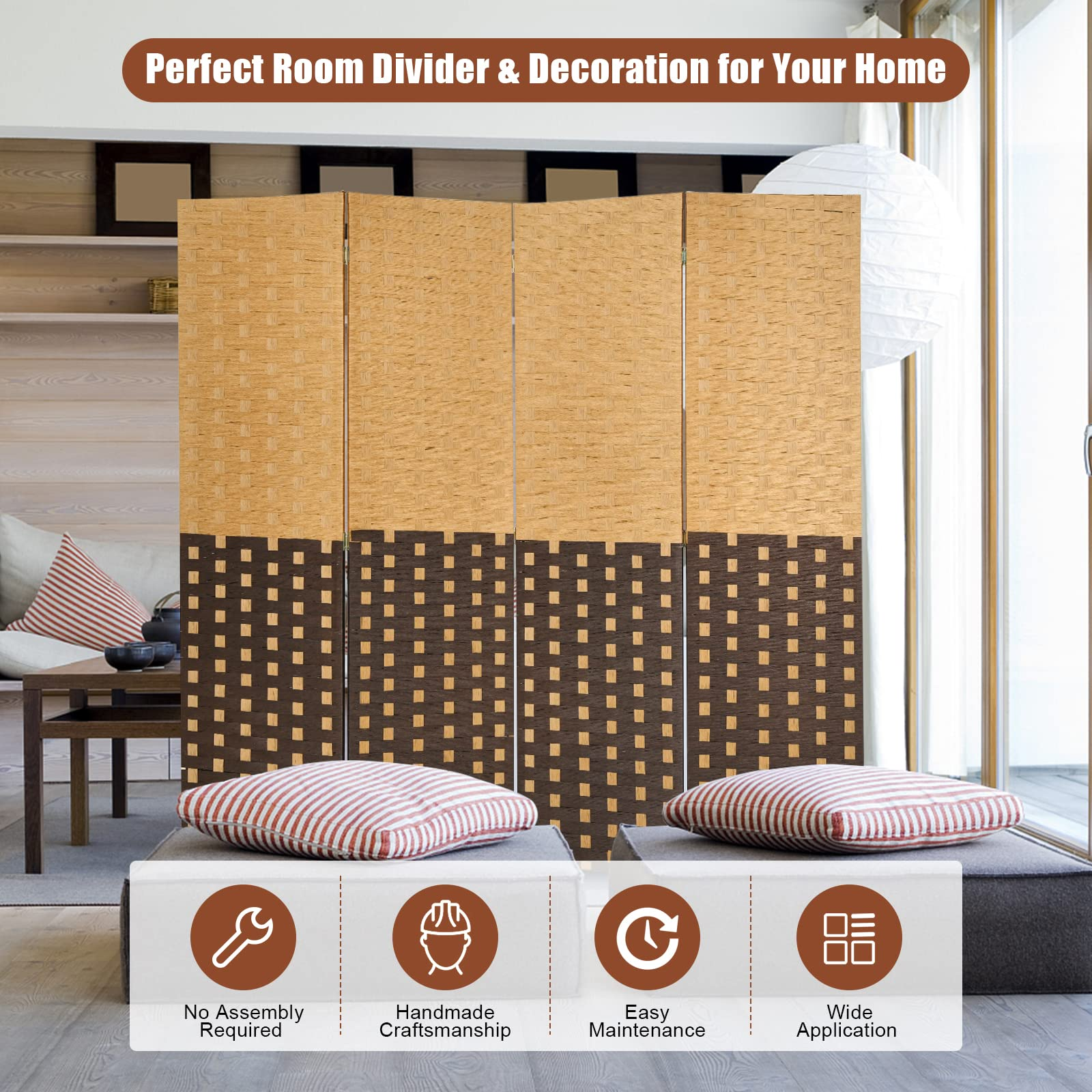 Giantex 4 Panel Room Divider, 6 Ft Tall Handmade Rattan Room Dividers, Portable Wood Room Separators Divider
