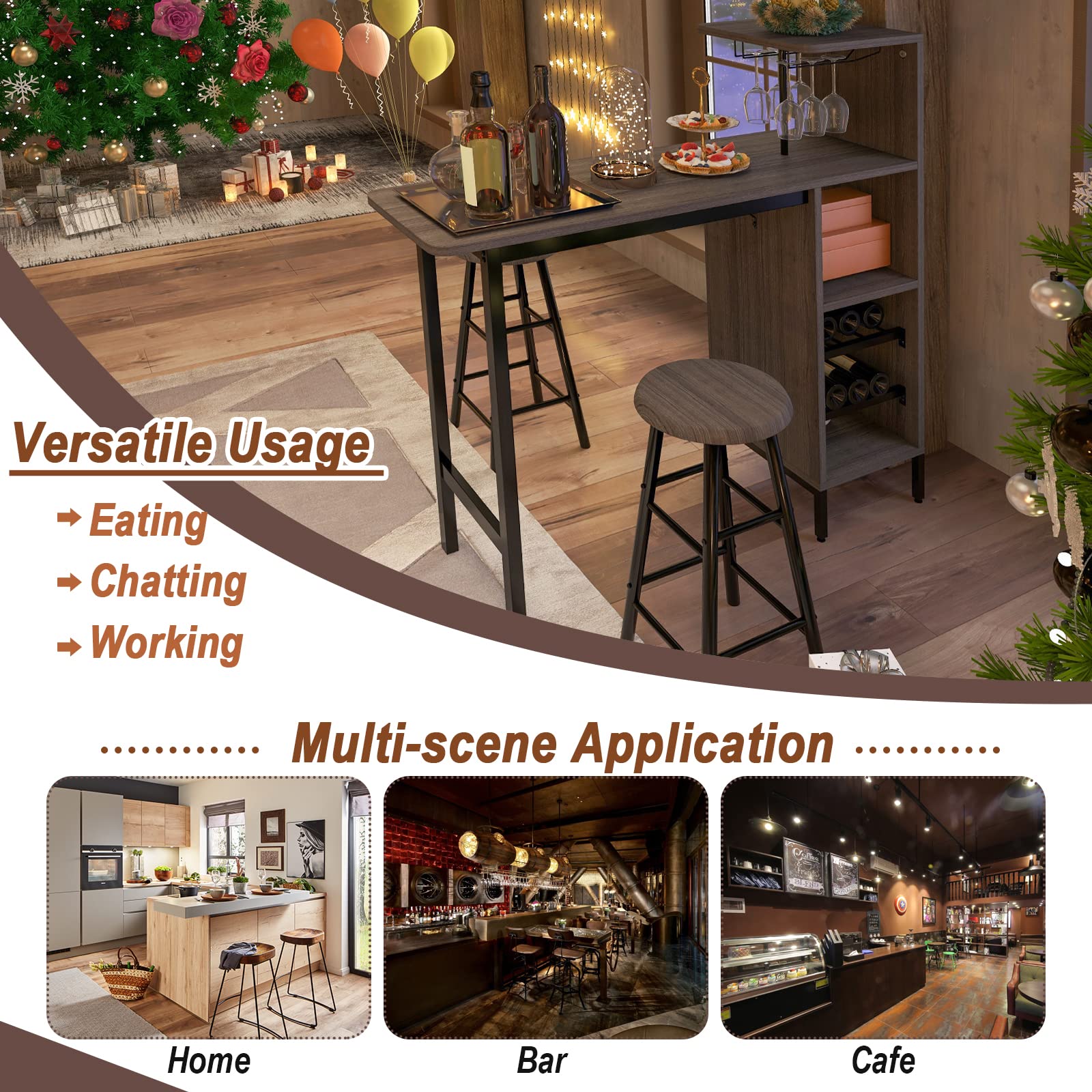 Giantex 3 Pieces Bar Table and Stools Set, Bistro Table Set with Glass Holder (Brown)