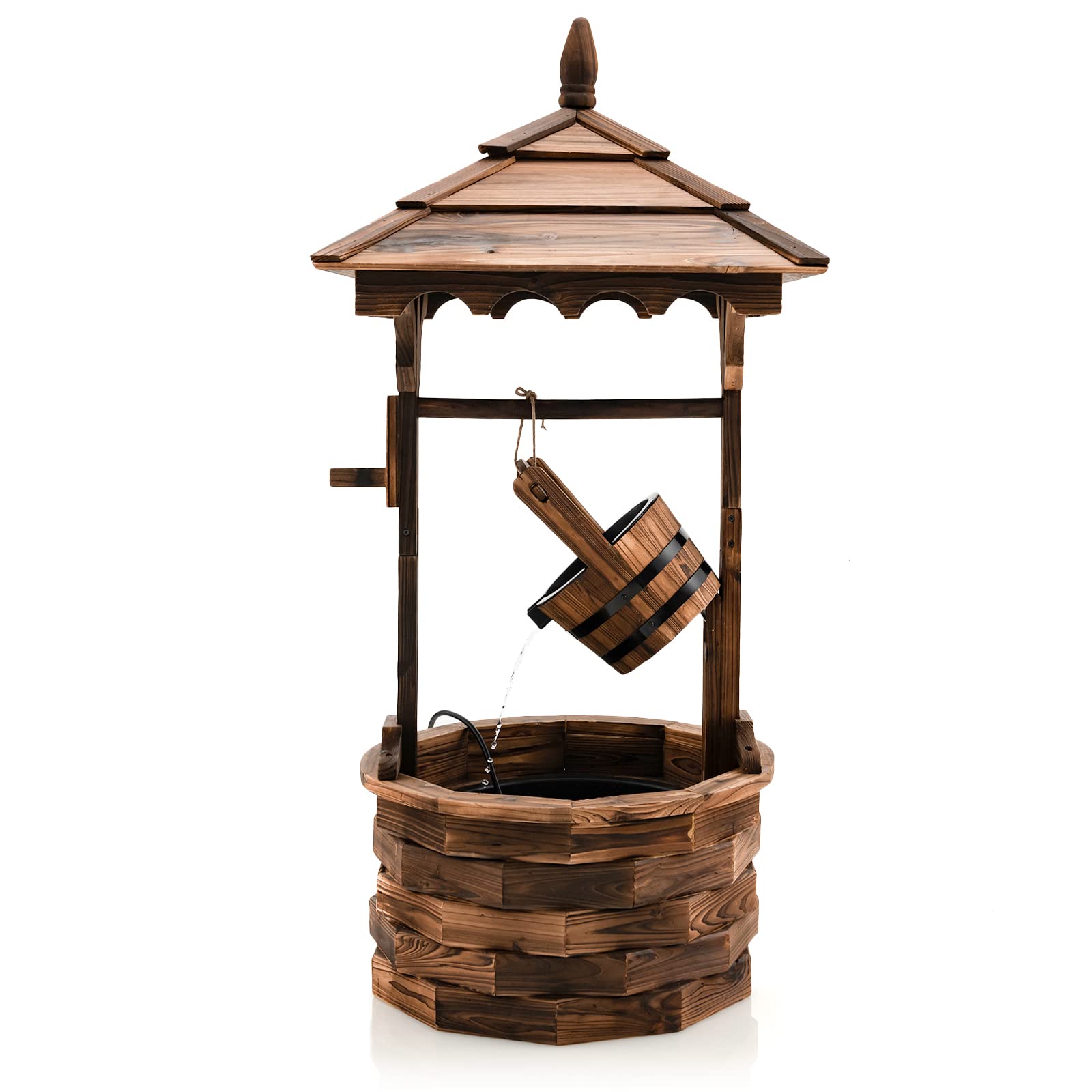 Giantex Rustic Wishing Well Fountain, Outdoor Wooden Water Fountain with Electric Pump