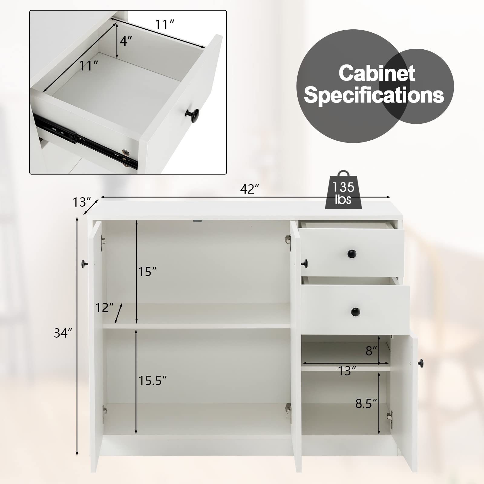 Giantex Buffet Cabinet with Storage - Kitchen Sideboard with 2 Drawers, 3-Door Large & Small Cabinet