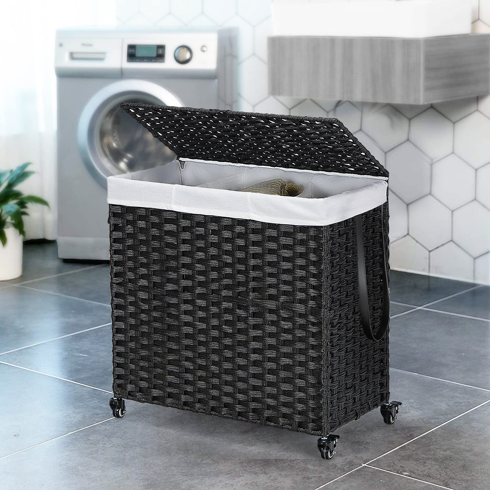 Giantex Laundry Hamper w/Wheels, 3 Section Hamper 125L w/2 Removable Liner Bags