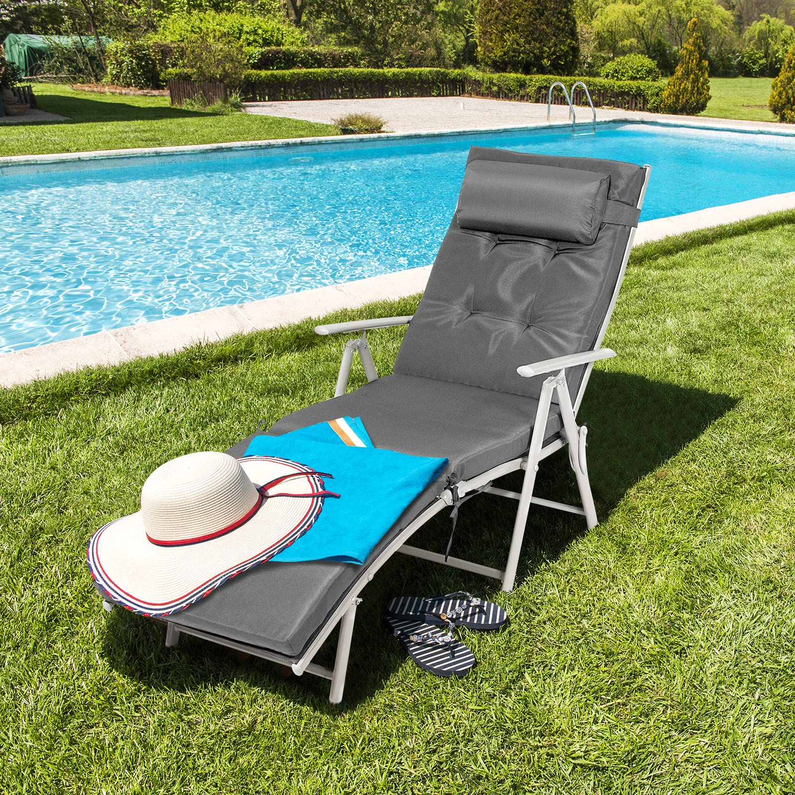 Pool Folding Reclining Beach Chair W/Removable Cushion&Headrest Pillow