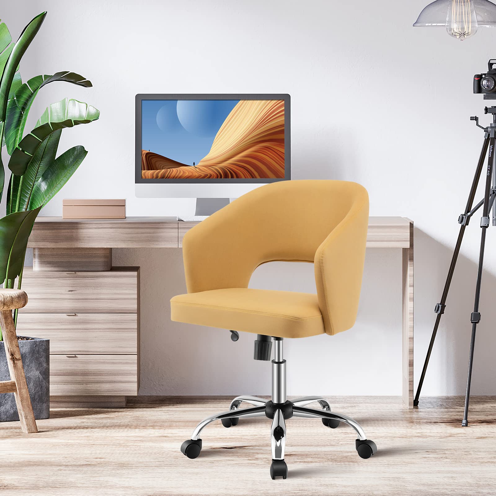 Giantex Home Office Desk Chair, Mid Back Swivel Chair with Hollow Design & Height Adjustable (Yellow)