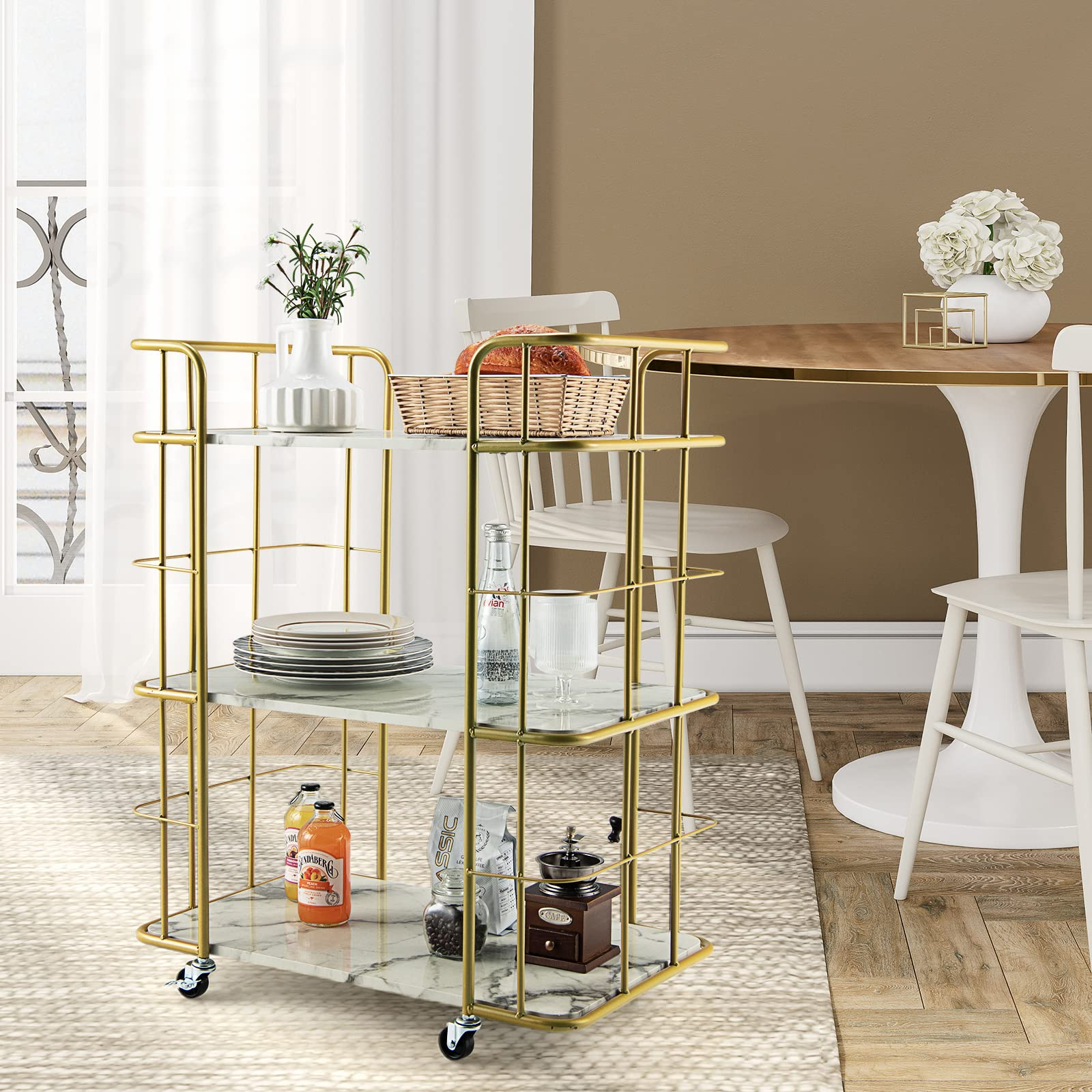 Giantex Gold Bar Cart, Home Island Service Cart, 3 Tier Storage Shelves with Guardrail, White