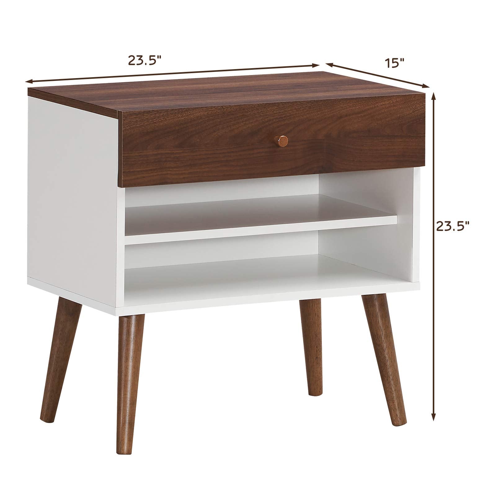 Nightstand with Drawer and Storage Shelves & Rubber Wood Legs, Brown&White