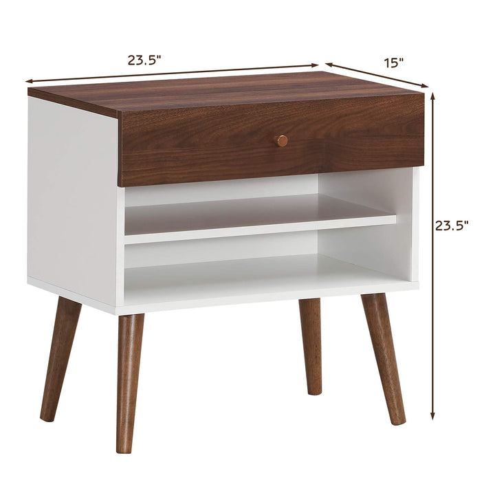 Nightstand with Drawer and Storage Shelves & Rubber Wood Legs, Brown&White