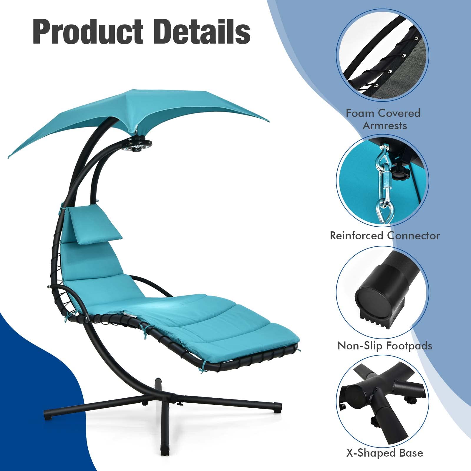 Hanging Chaise Outdoor Lounge Chair Porch Swing Hammock Chair with Arc Stand