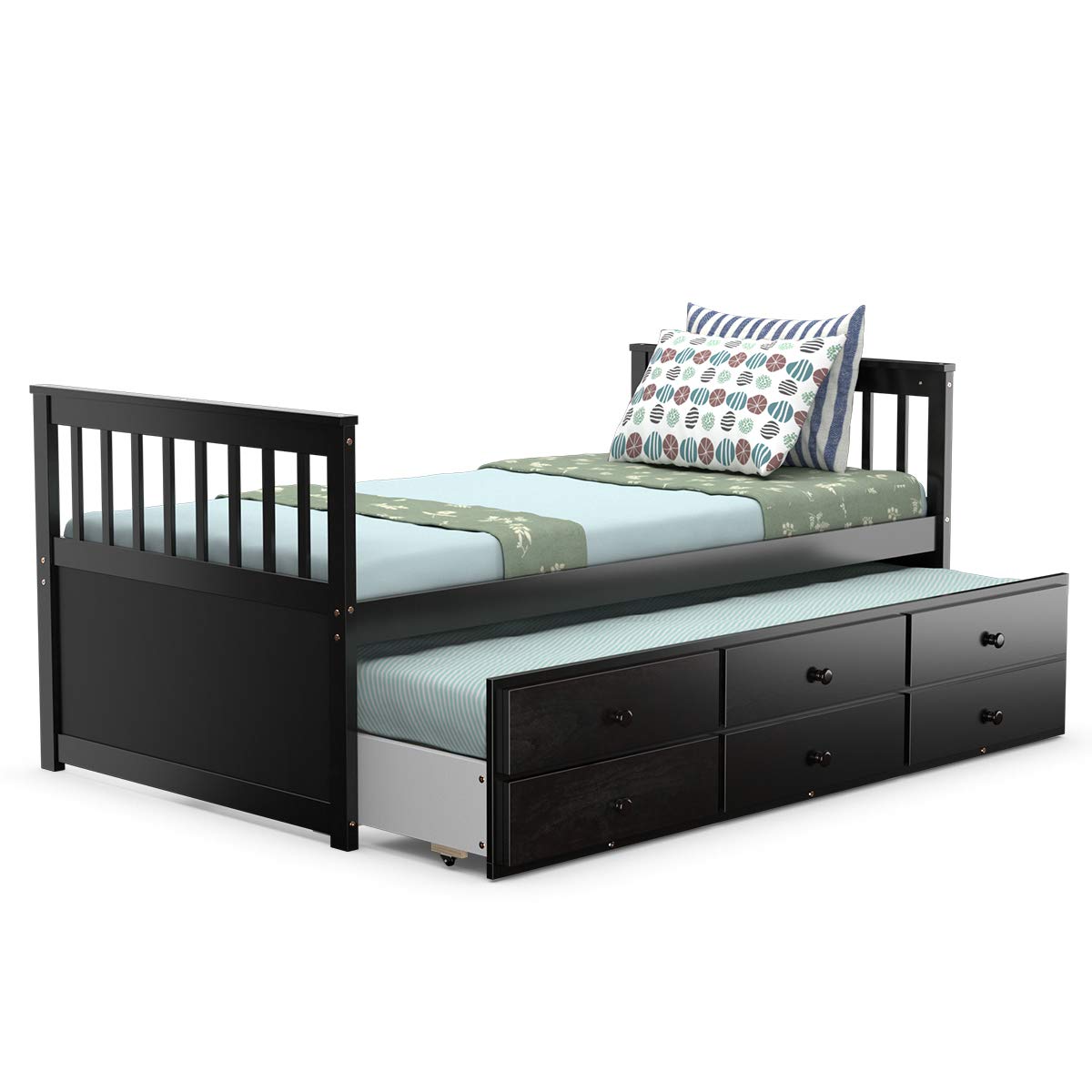 Giantex Twin Captain's Bed with Trundle Bed, Wood Storage Daybed with 3 Storage Drawers