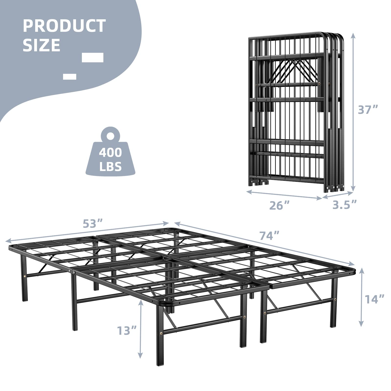 14 Inch Foldable Metal Mattress Foundation | Heavy Duty Bed Frame with Steel Slat