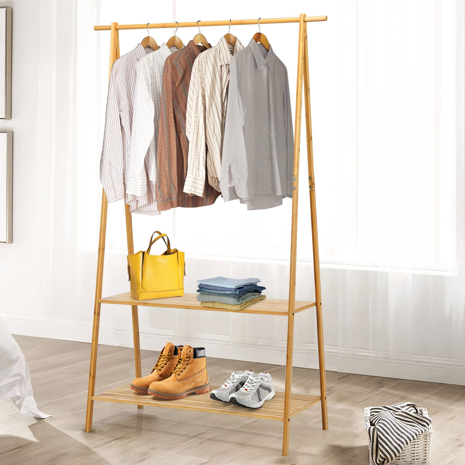 2-Tier 5.3Ft 100% Bamboo Garment Rack with Top Hanging Rod and Bottom Storage Shelves