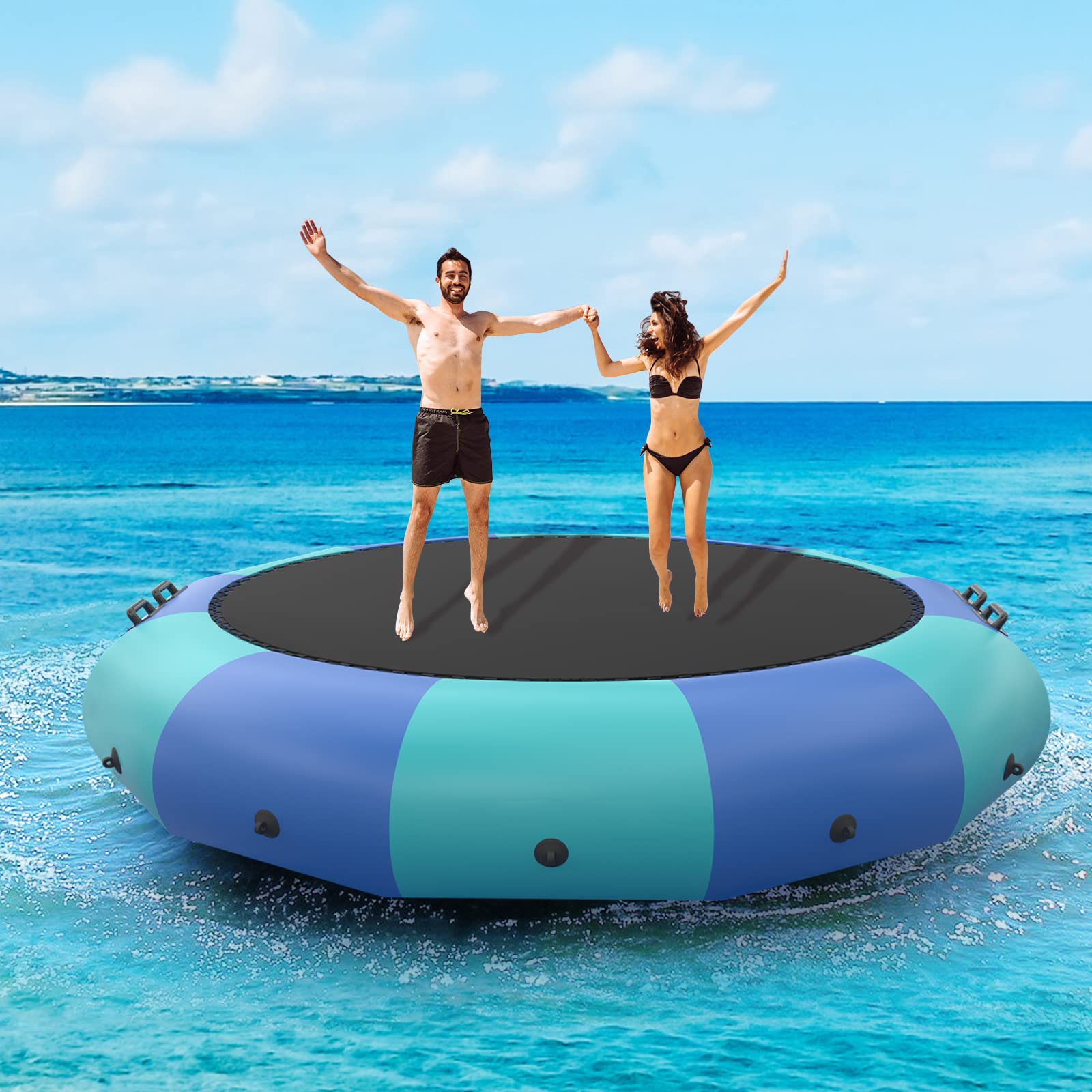 Giantex 10Ft 12Ft 15Ft Inflatable Water Trampoline, Floating Rebounder Trampoline with 500W Blower and 3-Step Rope Ladder