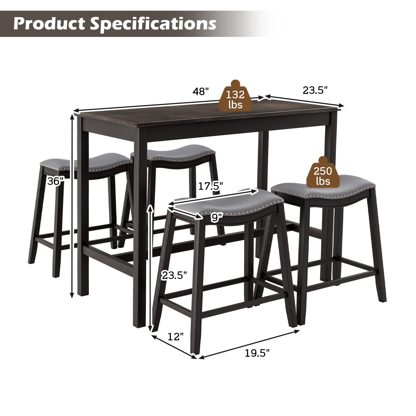 Giantex Dining Table Set for 4, Kitchen Counter Height Table w/ 4 Stools (Black)