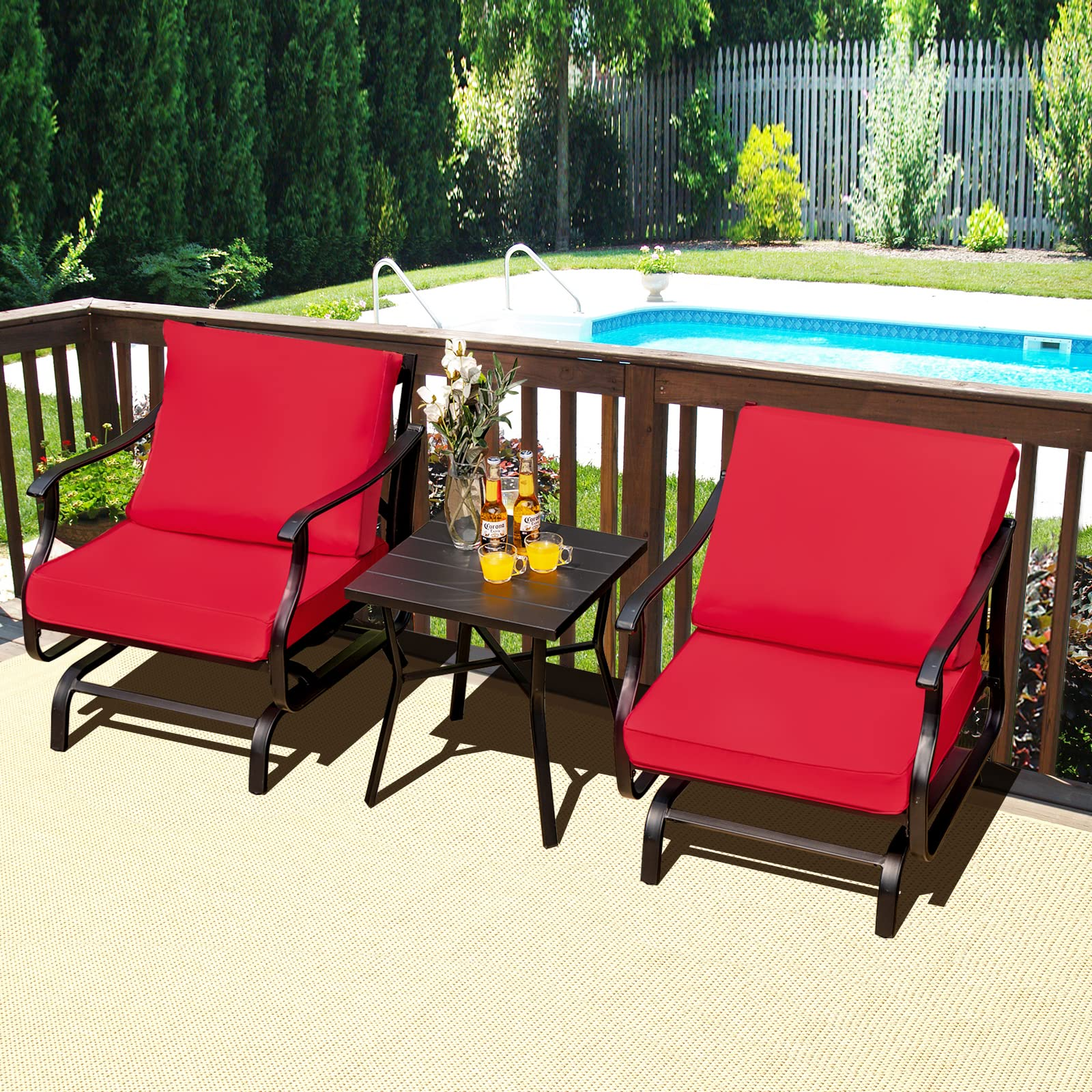 Giantex Bistro Set 3 Piece Outdoor Glider Set Rocking Chairs with Coffee Table (Red)
