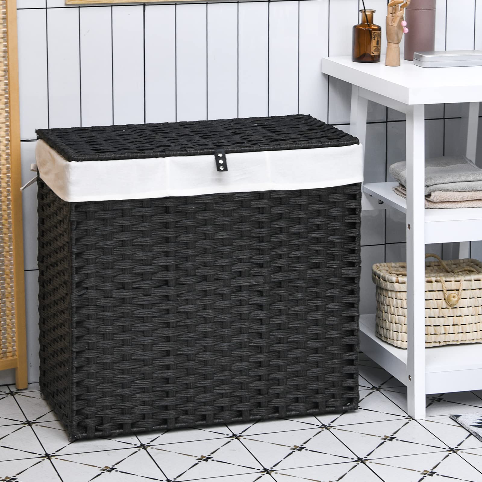 Giantex Laundry Hamper w/Wheels, 3 Section Hamper 125L w/2 Removable Liner Bags