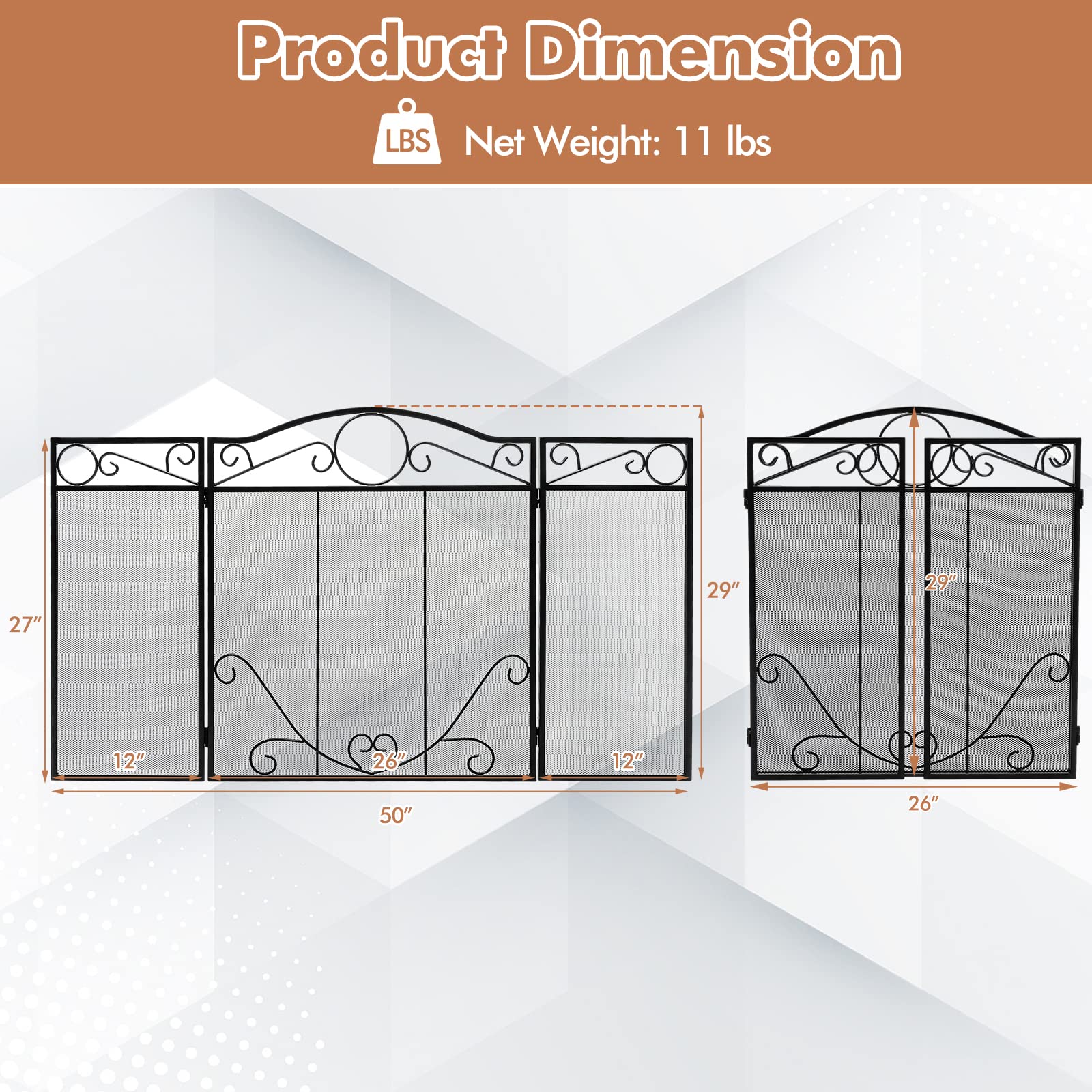 Giantex Foldable 3-Panel Fireplace Screen Black - 50x29 Inch No Assembly Required Freestanding Steel Mesh Fire Screen