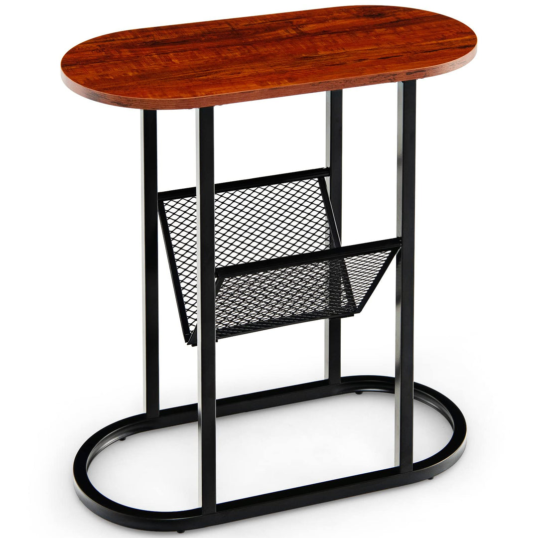 Giantex Oval Narrow Side Table, Small End Table with Magazine Rack Sling Holder Pouch