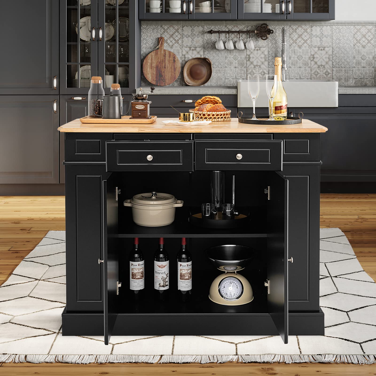 Giantex Kitchen Island with Drop Leaf, Rubber Wood Top, 2 Drawers, Storage Cabinets