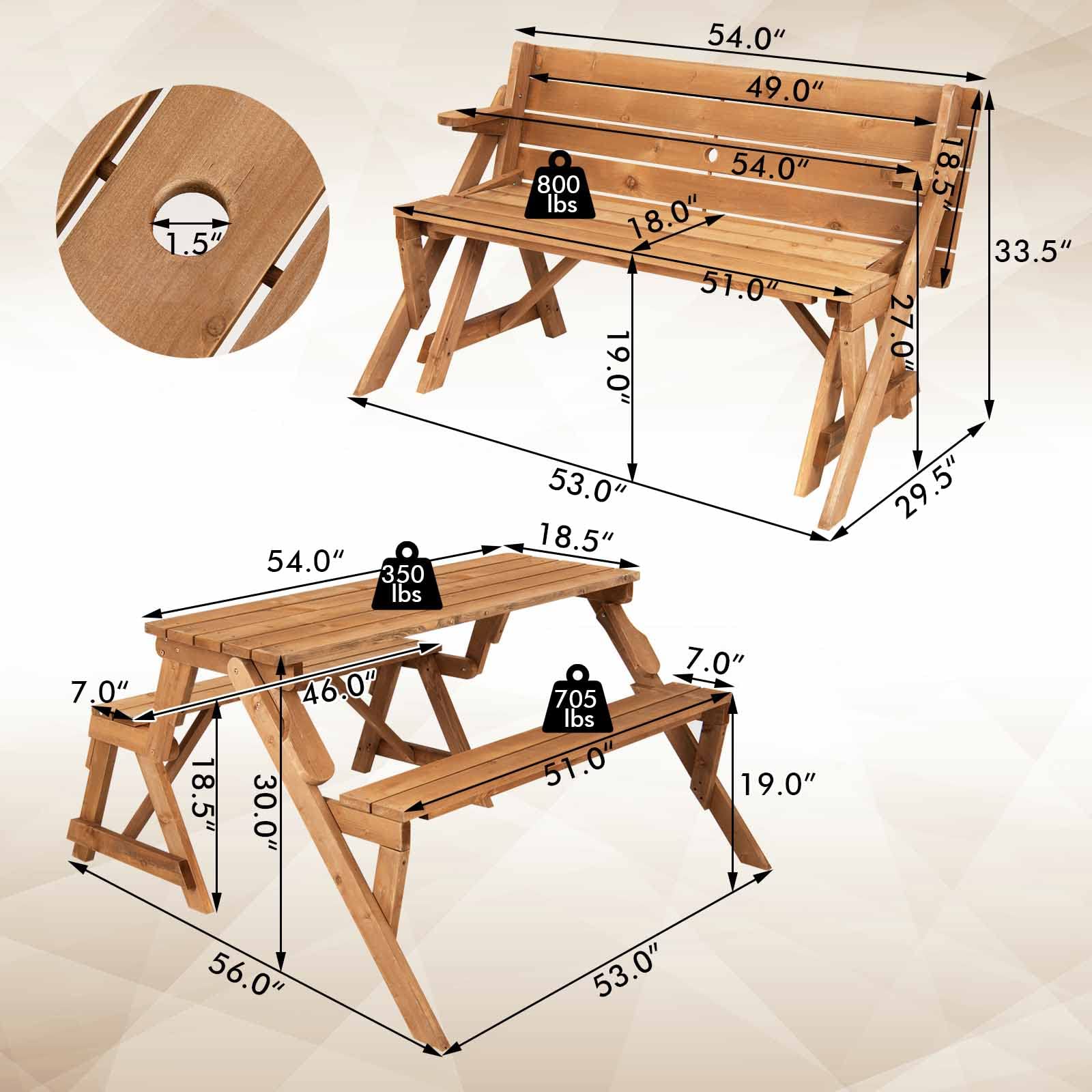 Giantex Wooden Picnic Table Set, 2 in-1 Folding Picnic Bench Set Transforming Interchangeable
