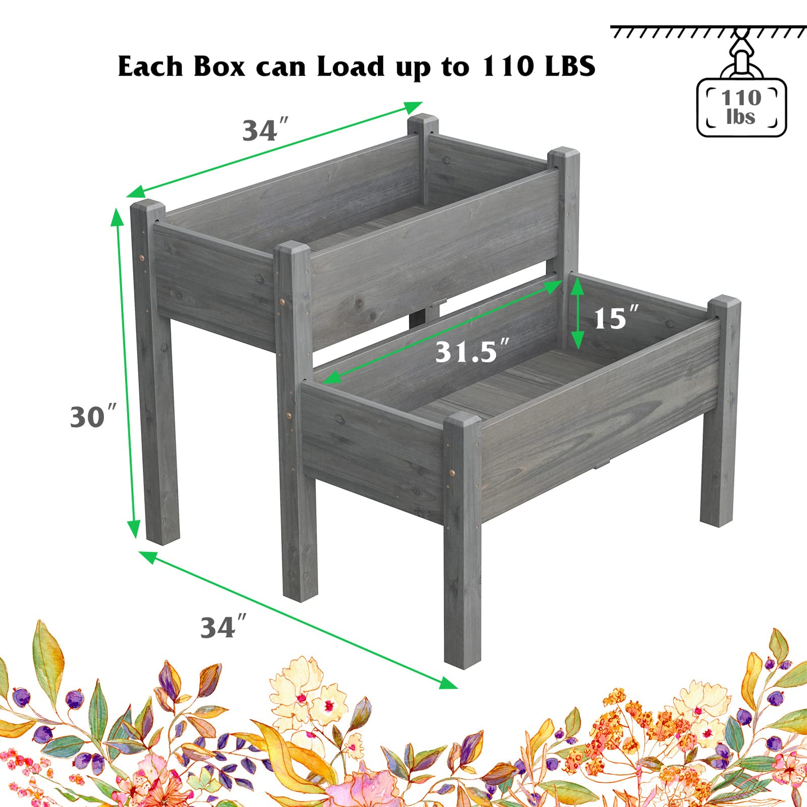 Set of 2 Raised Garden Bed, 34" x 33.5" x 28.5" (L x W x H)