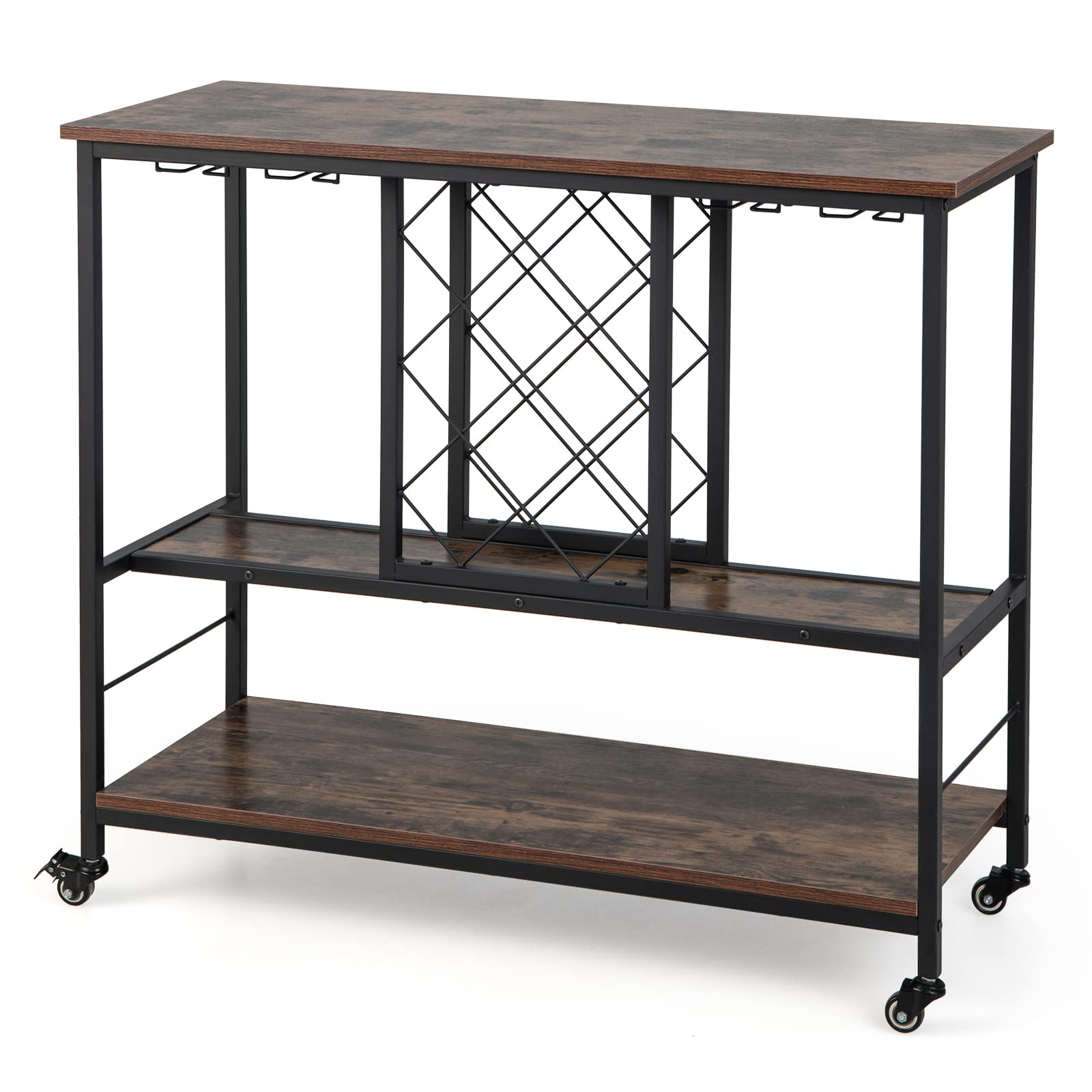 Giantex 3-Tier Wine Bar Cabinet - on Wheels, 8 Bottles Rack & 12 Glasses Hanger (Rustic Brown & Black)