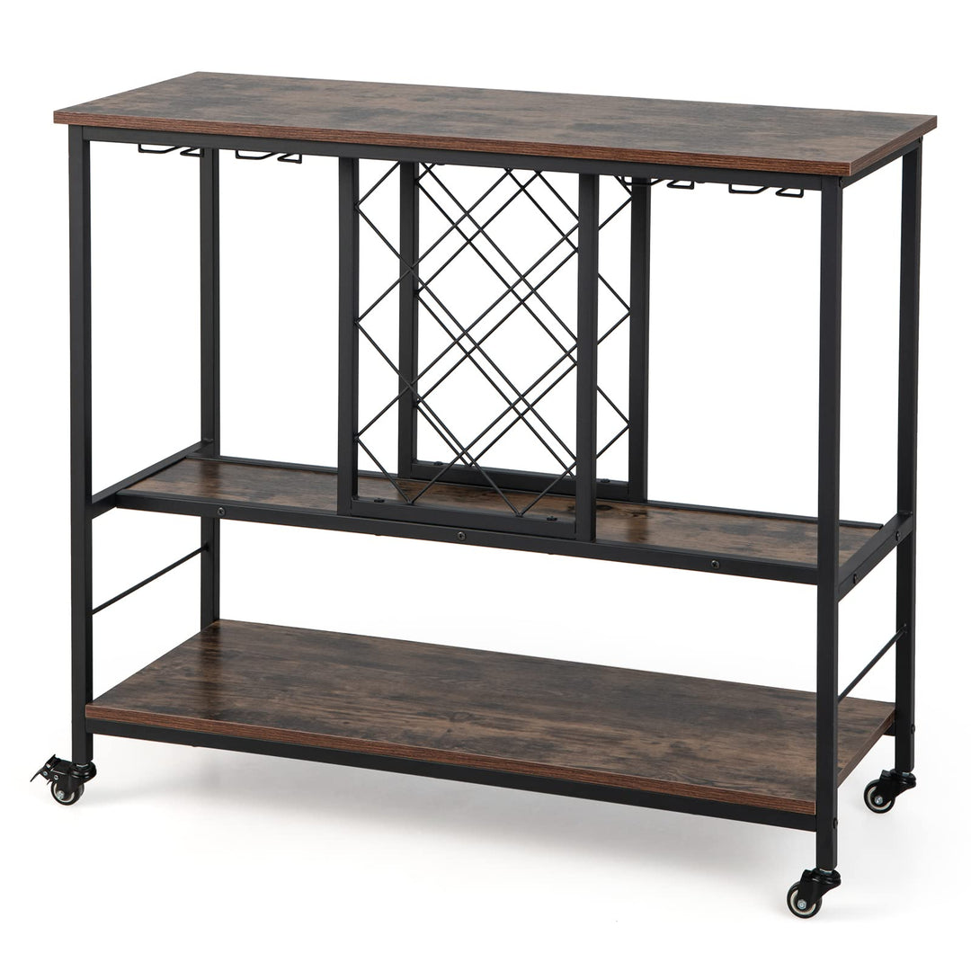 Giantex 3-Tier Wine Bar Cabinet - on Wheels, 8 Bottles Rack & 12 Glasses Hanger (Rustic Brown & Black)
