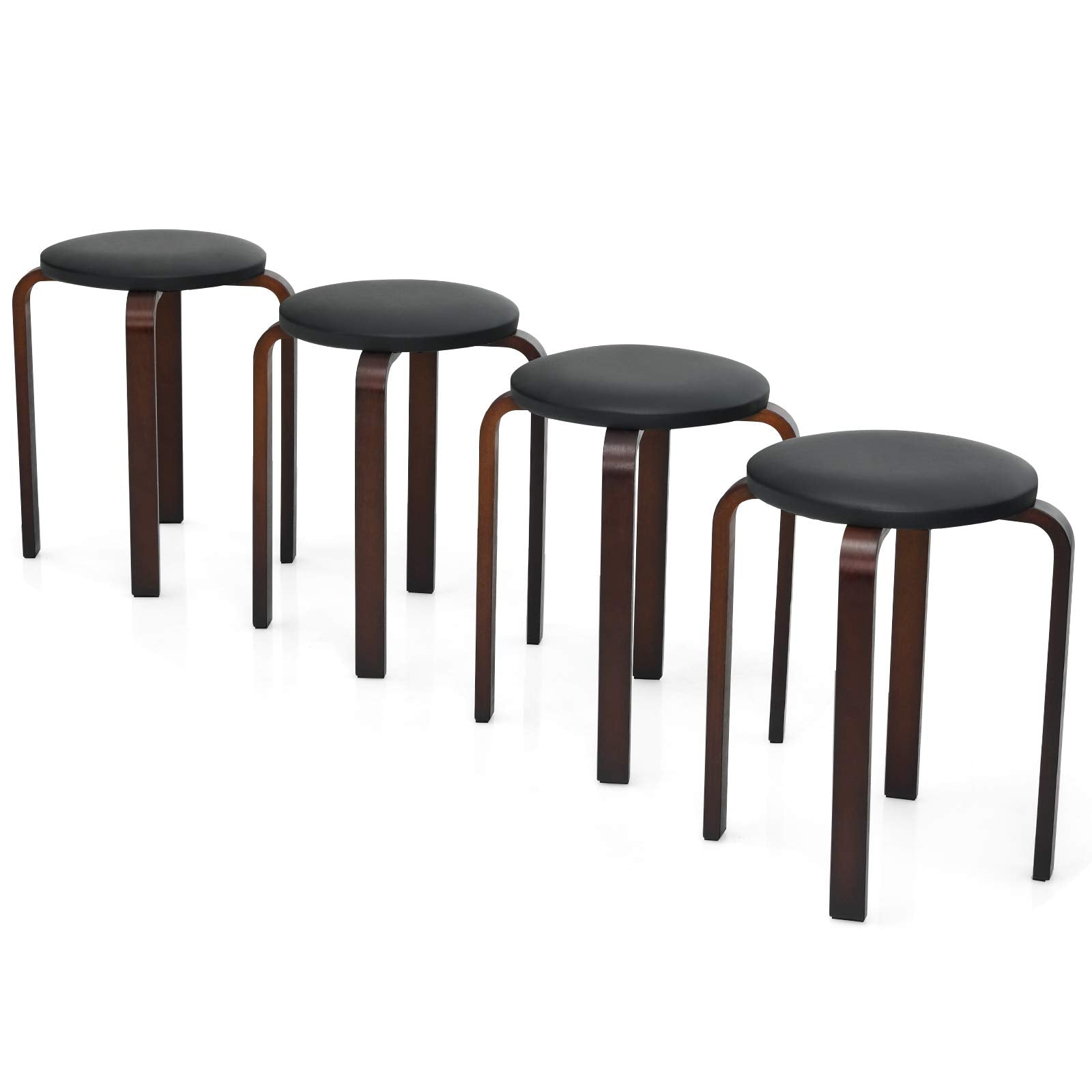 4-Pack Bentwood Stack Stools, 18.5-Inch Portable Stools with PU Leather Round Top, Non-Slip Foot Mats