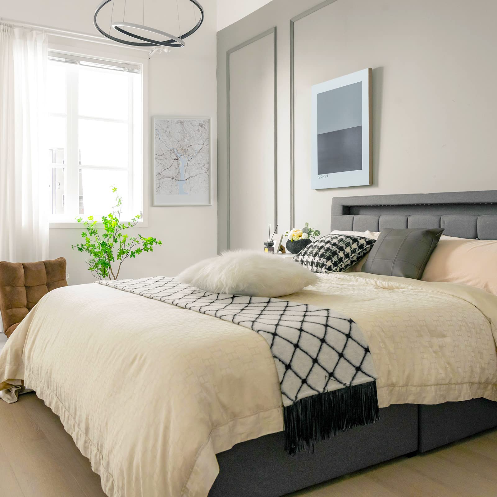 Giantex Queen Bed Frame with LED Lights and 4 Drawers, Upholstered Platform Bed Frame with USB Ports