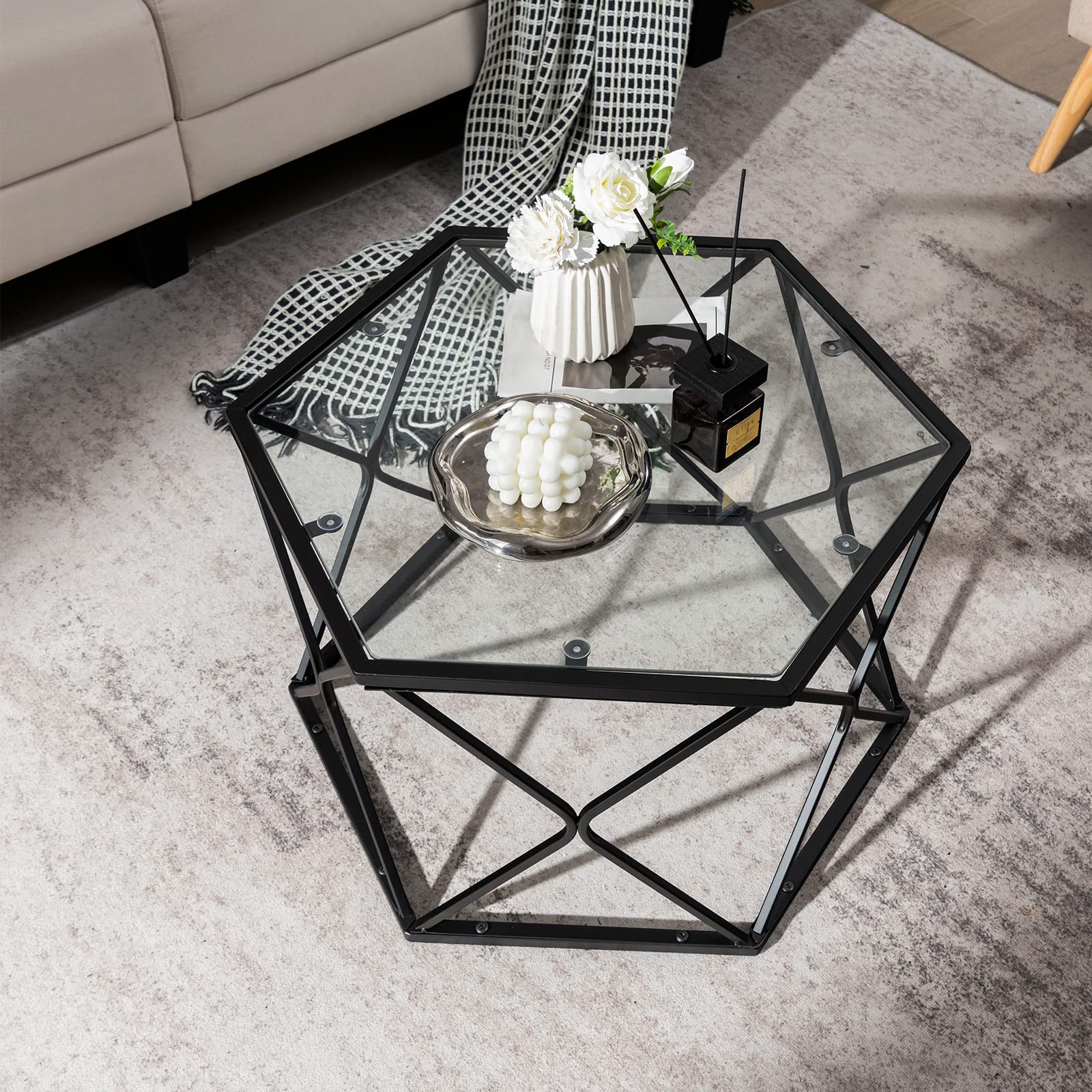 Giantex Hexagonal Glass Coffee Table, End Table w/Tempered Glass Top & Sturdy Metal Legs