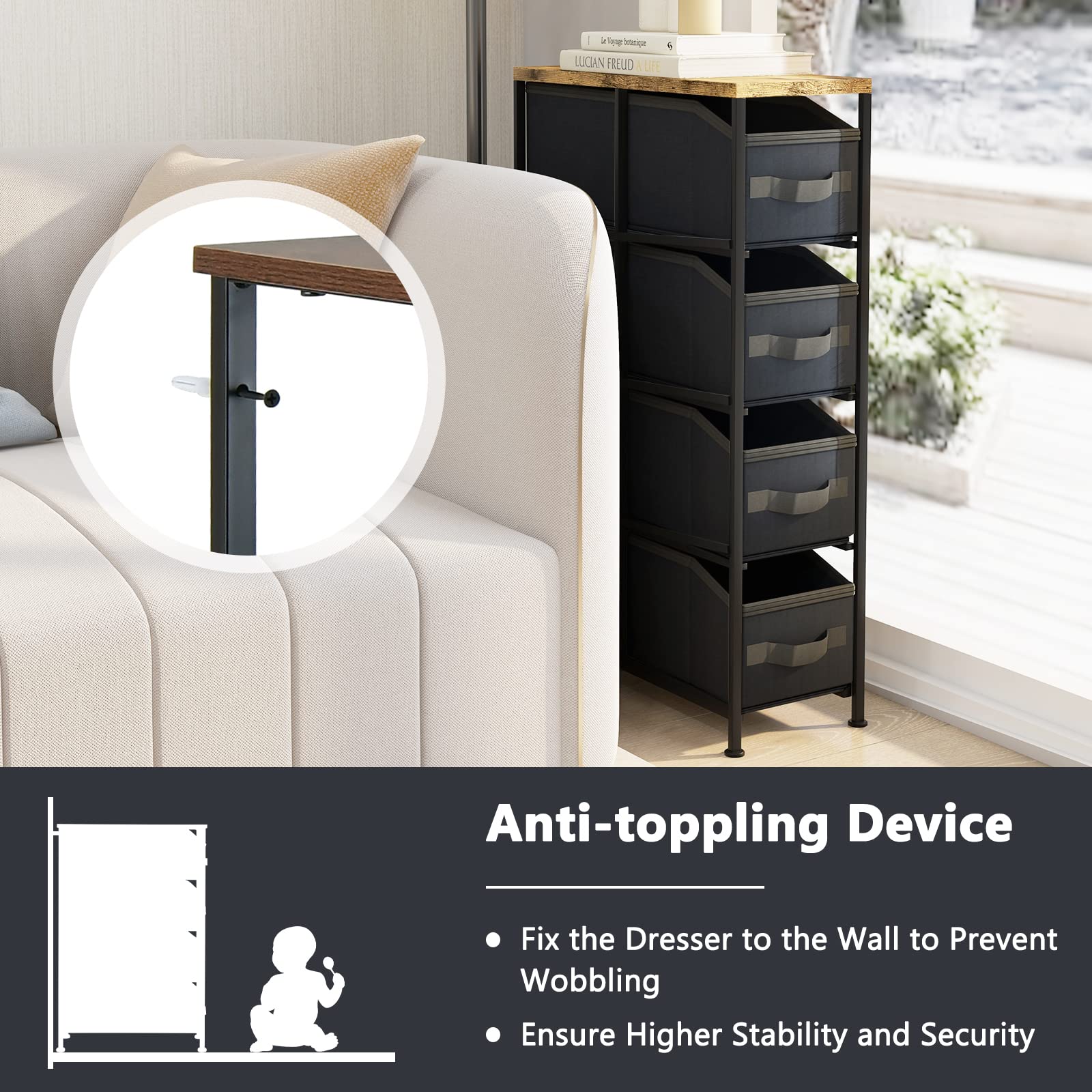 Giantex Vertical 4 Drawer Dresser for Bedroom- Narrow Storage Tower Unit with 4 Removable Drawers