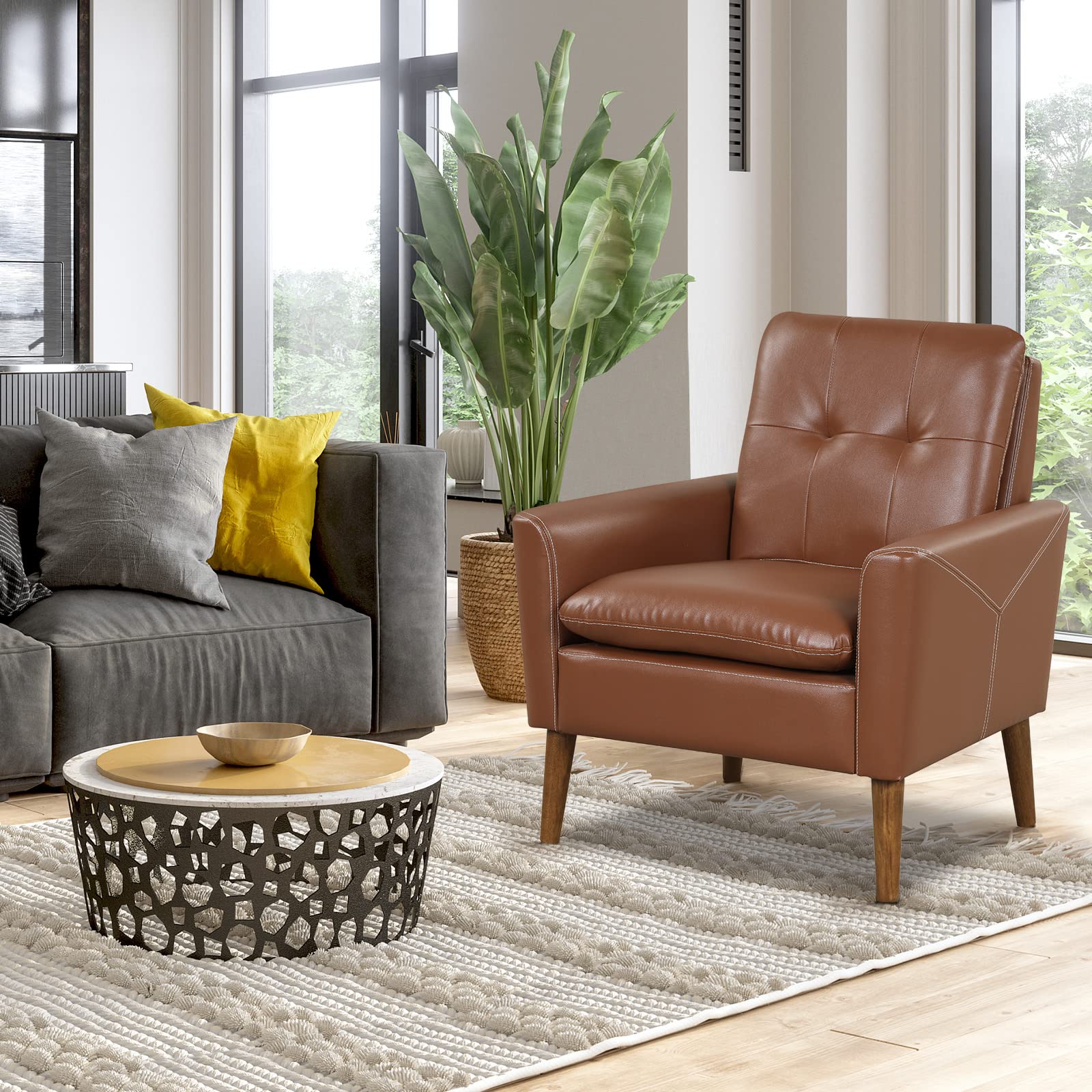 Giantex Modern Leather Accent Chair - Mid-Century Arm Chairs for Living Room, Max Load 400lbs, Brown