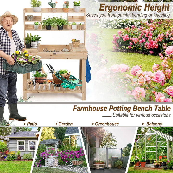 Giantex Garden Potting Bench Table, Large Workbench Table with Shelves, 43.5"x19.5"x 60.5"