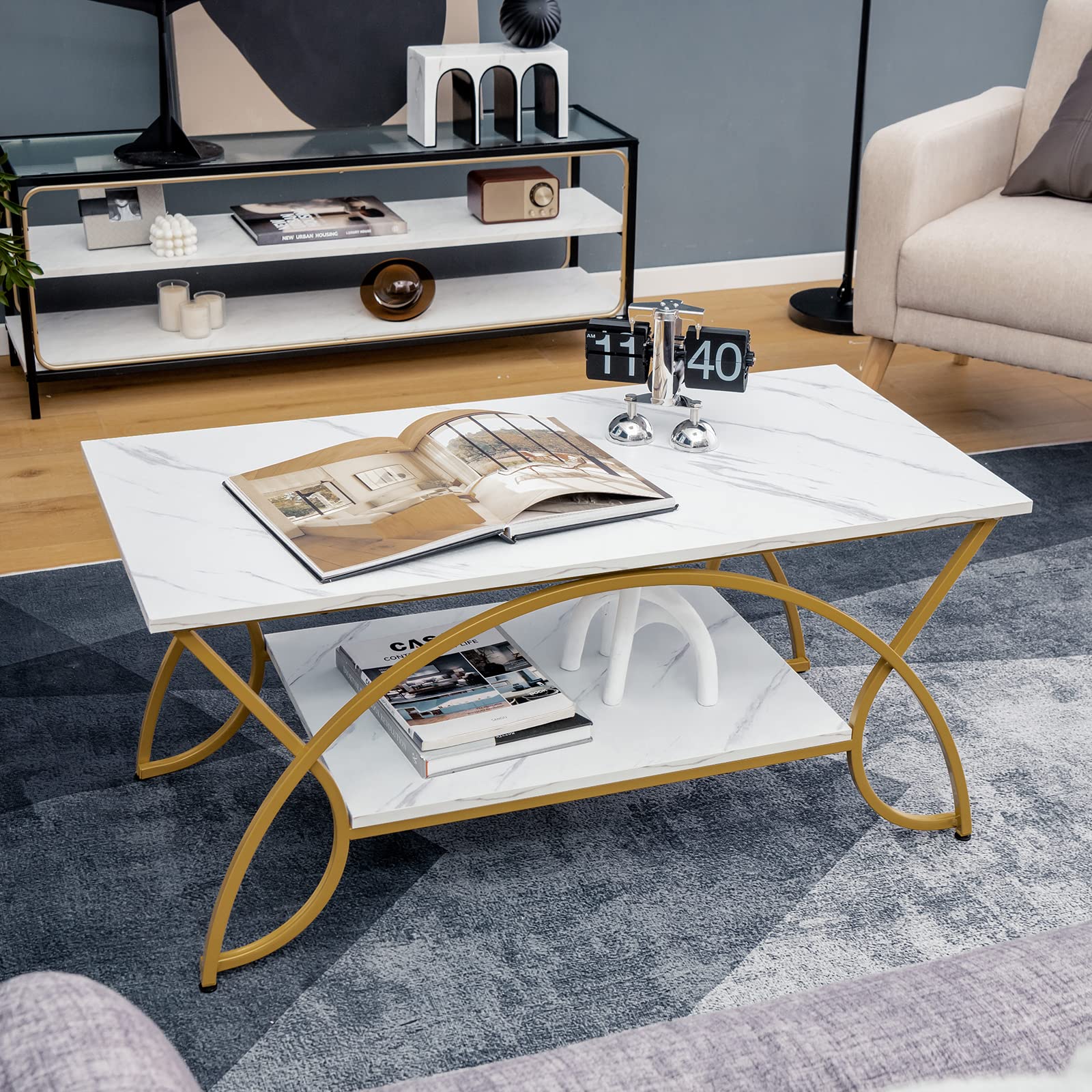 Giantex 2-Tier Rectangular Coffee Table, Modern Chic Cocktail Table with Open Storage Shelf, White/Gold