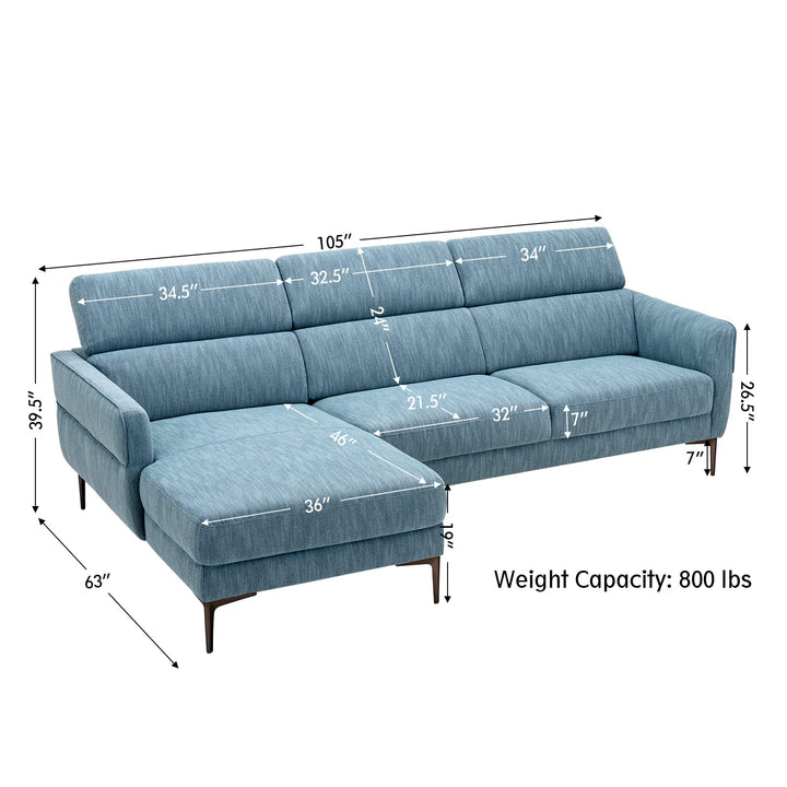 Giantex L-Shaped Sofa Couch, 3-Seat Upholstered Sofa with Wide Chaise Lounge, Adjustable Headrest, Blue