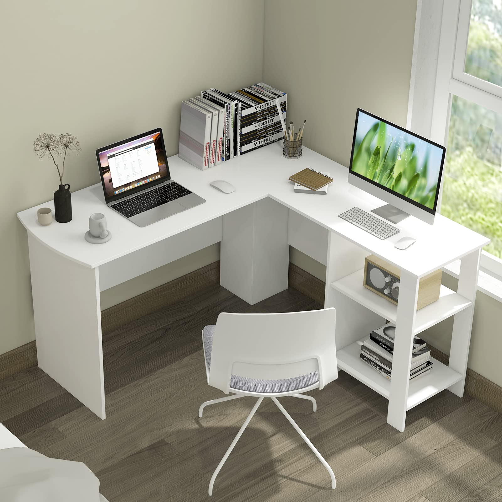 Giantex L Shaped Computer Desk, 51" Large Corner Desk with 2 Cable Holes & 2 Storage Shelves, White