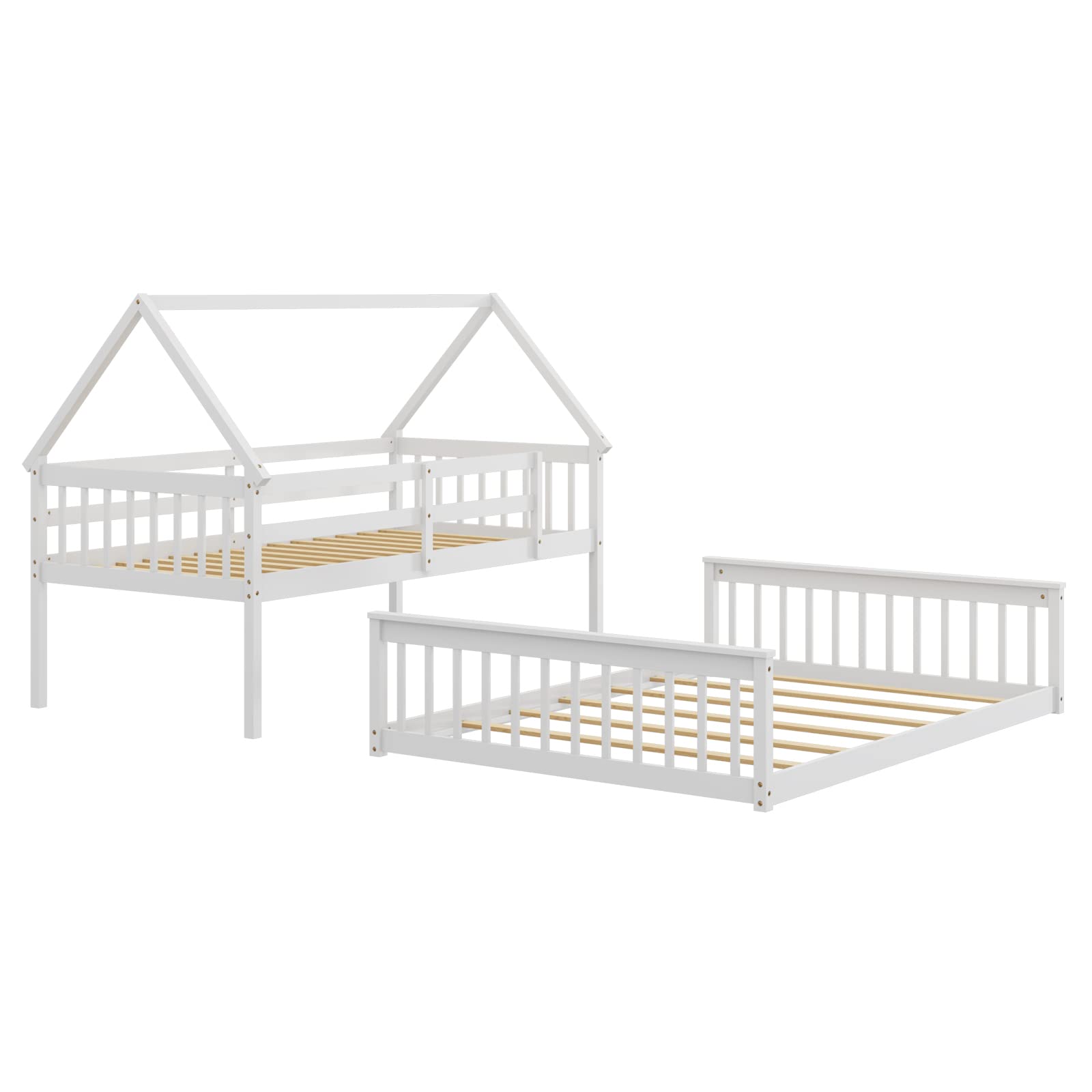 Giantex Twin Over Full House Bunk Bed, Floor Low Bunk Bed Frame w/Integrated Ladder & Safety Guardrails, White