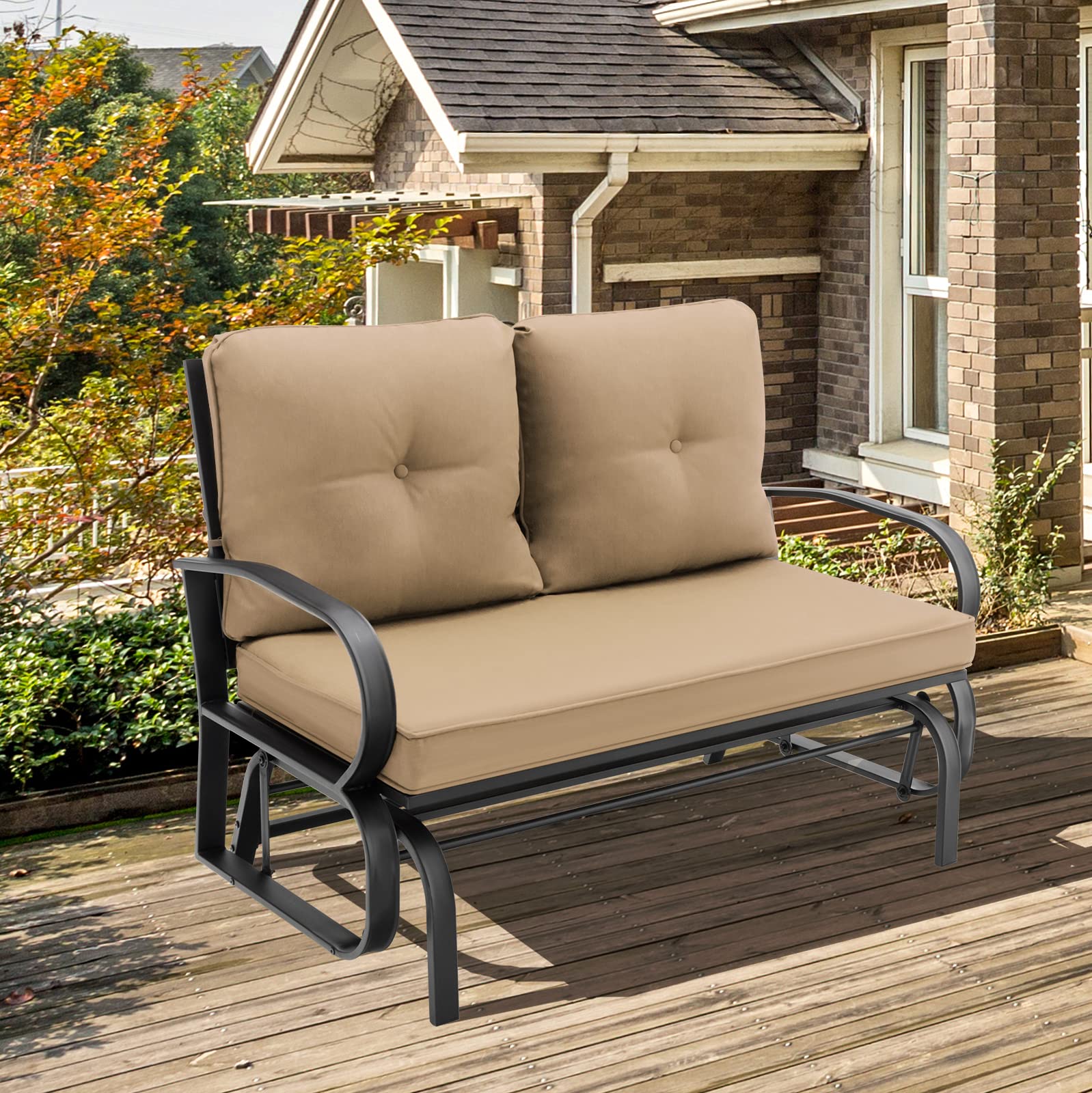 Giantex 2 Seats Glider Bench for Outside, Patio Glider Porch Loveseat w/Cushions & Powder Coated Steel Frame