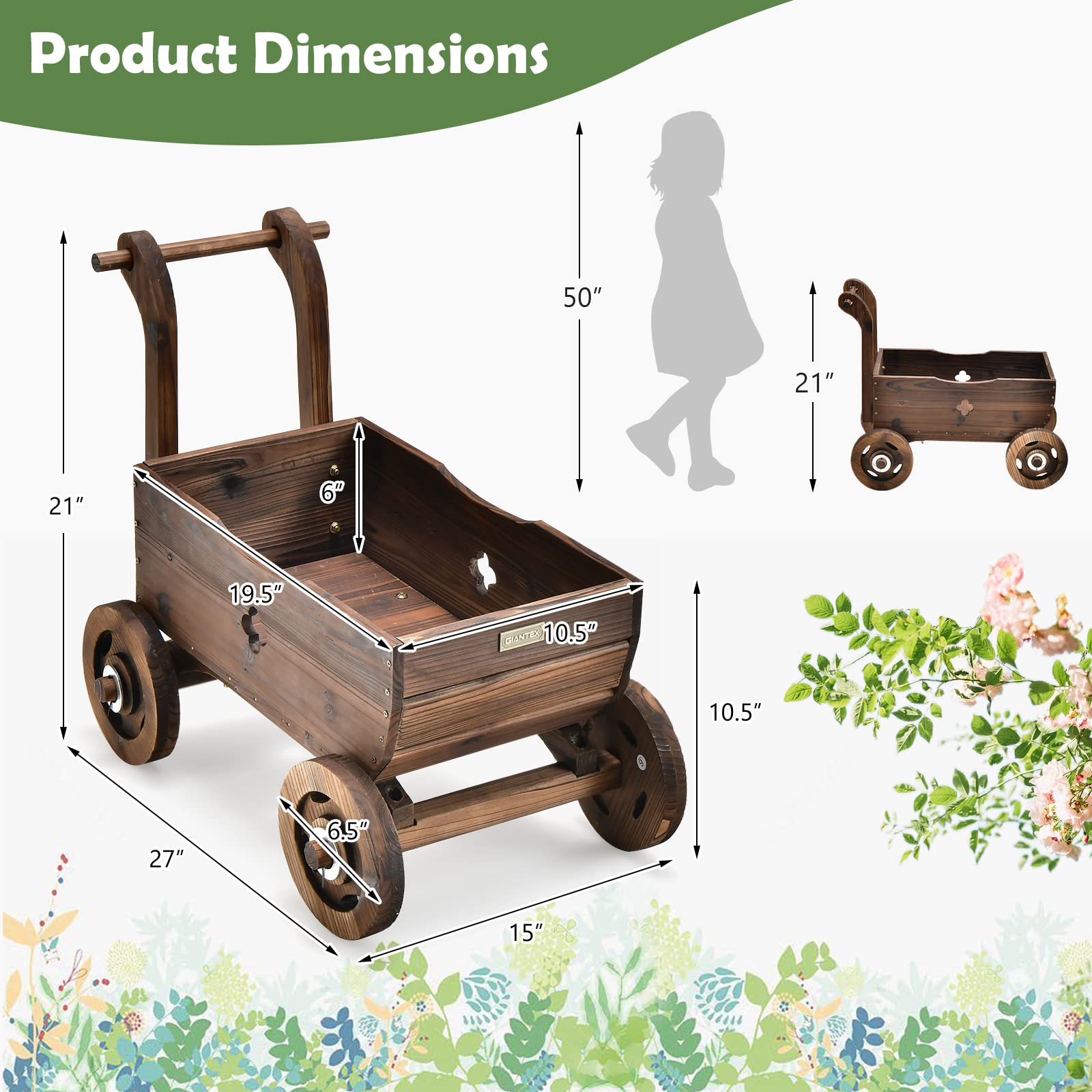 Giantex Wooden Wagon Planter Raised Bed on Wheels, Handle, Drainage Hole