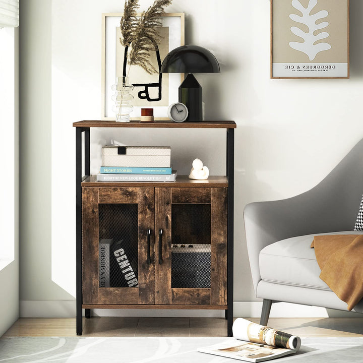 Giantex Wine Bar Cabinet, Industrial Liquor Cabinet with Glass Holder, Removable Wine Rack (Rustic Brown & Black)